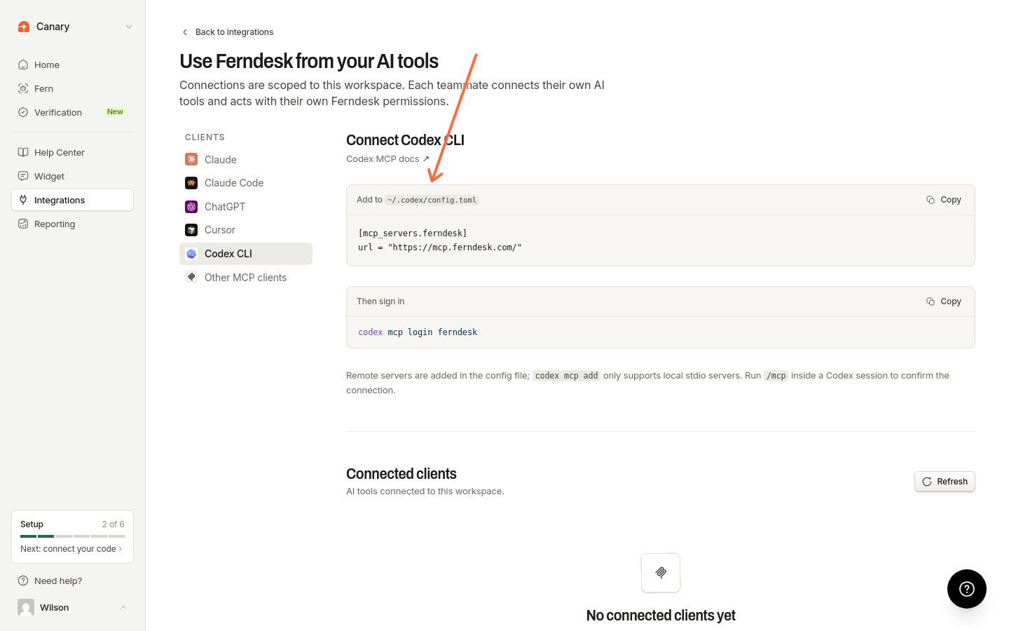 Page des clients IA avec la liste Clients et l’URL du connecteur