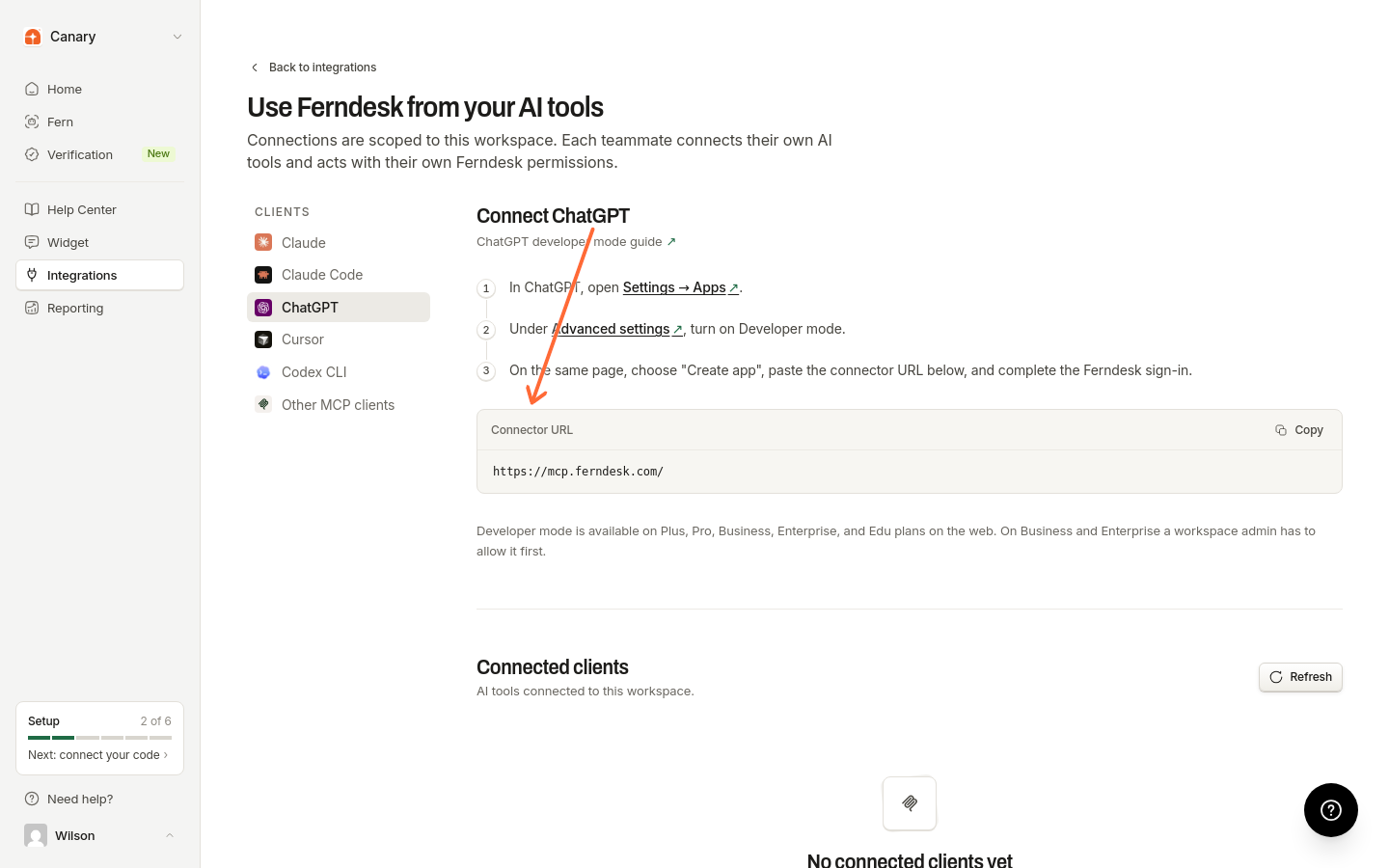 AI clients page with Clients list and connector URL