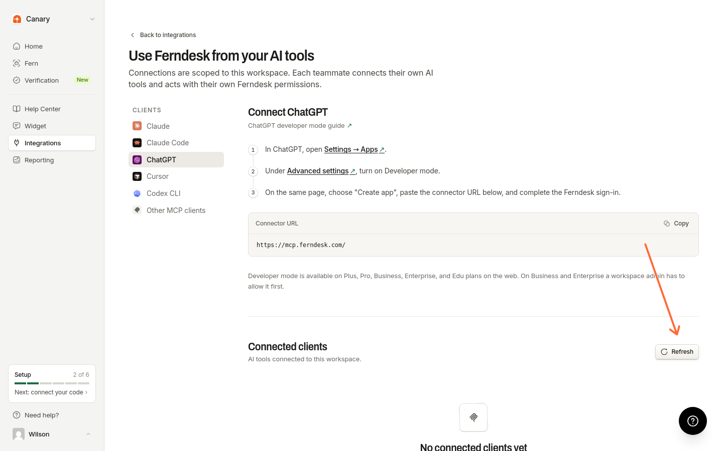 Connected clients section with Refresh and empty state
