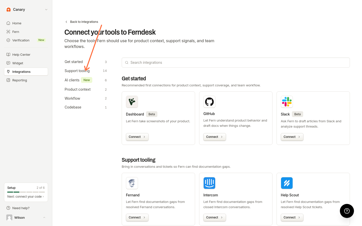 Page Intégrations mettant en évidence la catégorie des clients IA