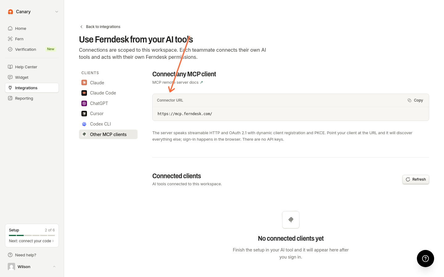 Page des clients IA avec la liste des clients et l’URL du connecteur