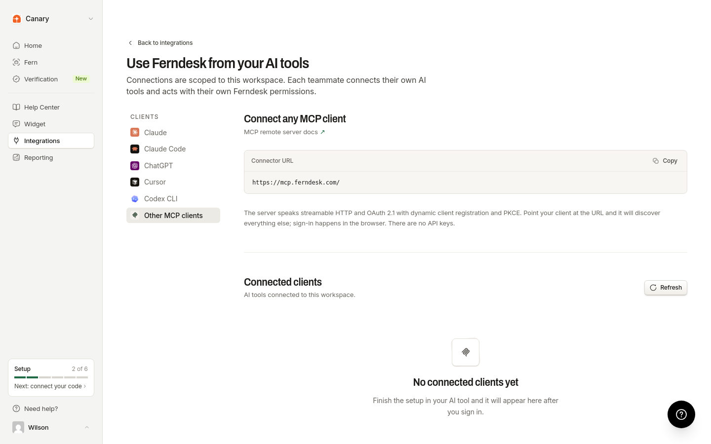 Section des clients connectés avec les options Actualiser et l’état vide