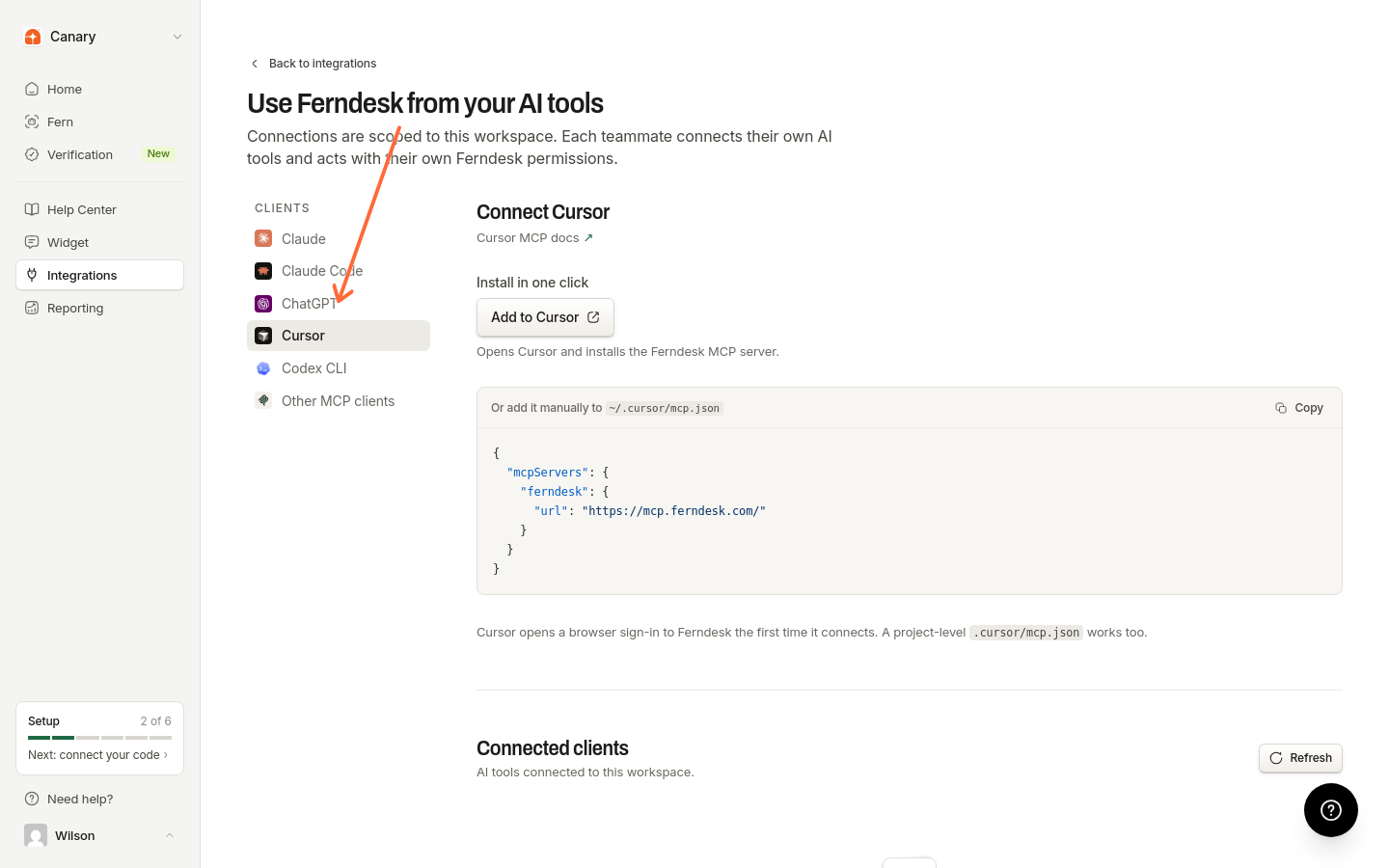 Página de clientes de IA con la lista de Clientes y la configuración de Cursor