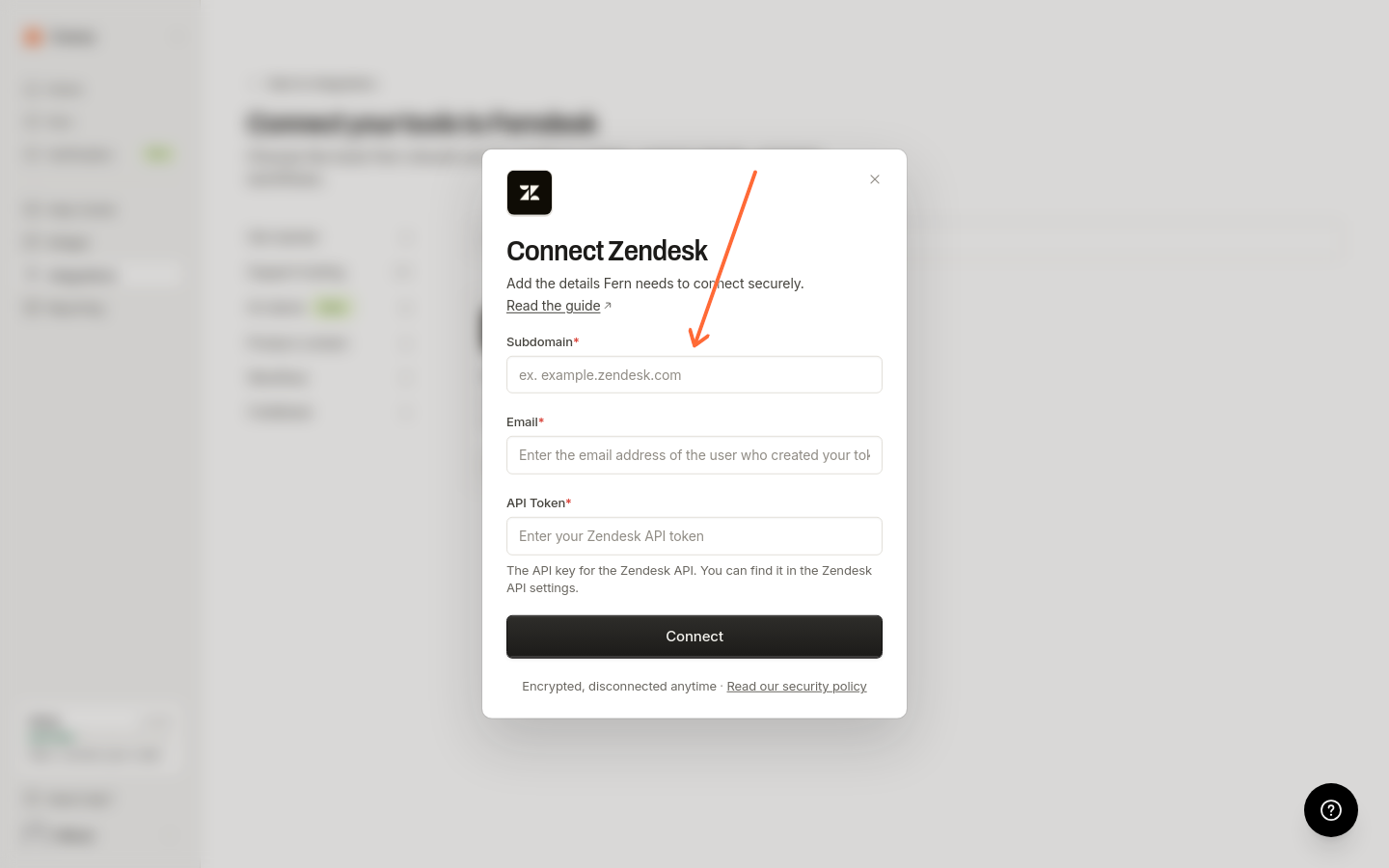 Modal de conexión de Zendesk con campos para el subdominio, el correo electrónico y el token de API