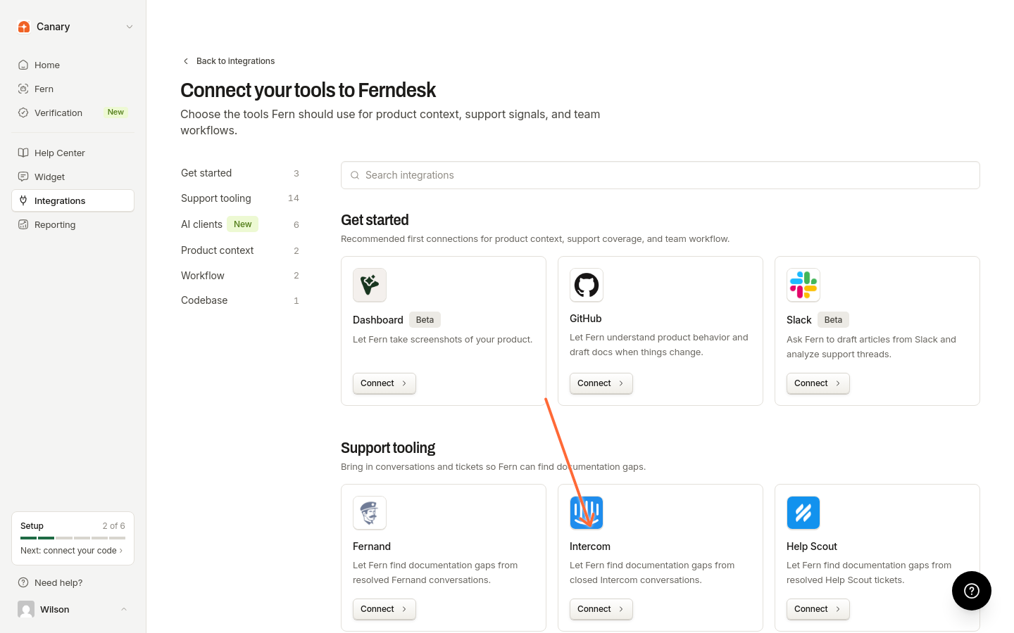 Intercom répertorié sous Outils d’assistance dans le catalogue des intégrations