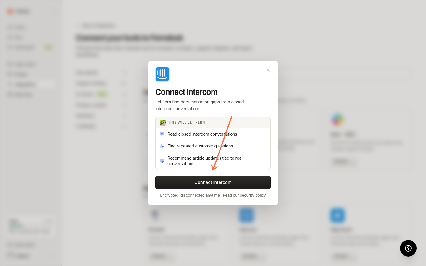 Boîte de dialogue de connexion avec le bouton Connecter Intercom mis en évidence