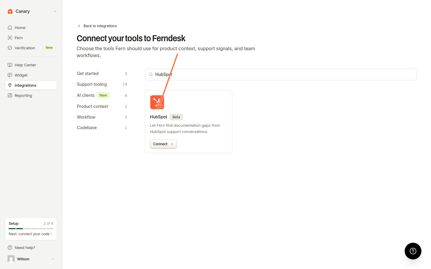 HubSpot integration card with the Connect button highlighted
