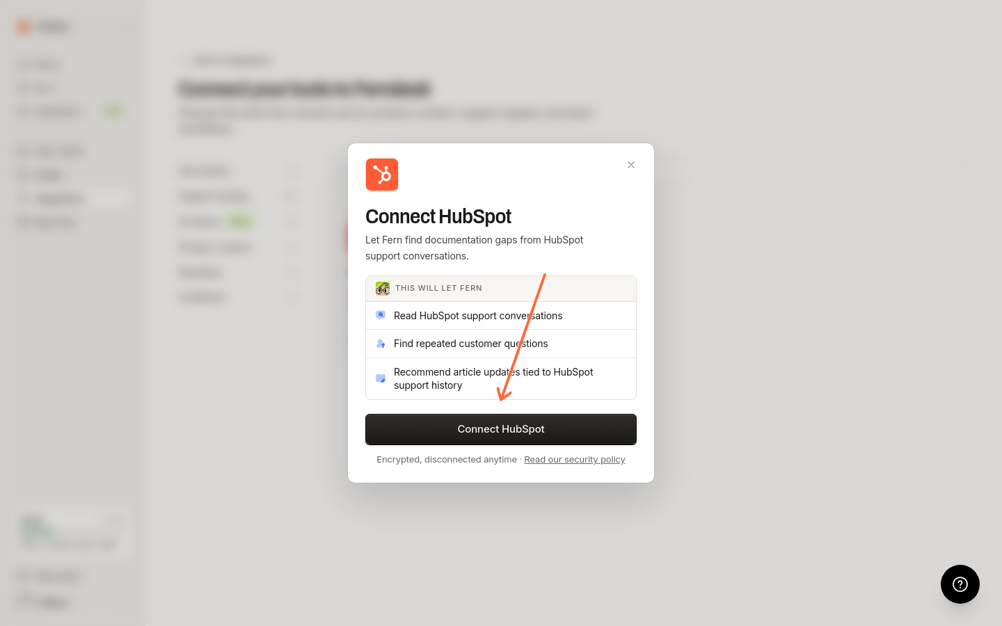 Connection dialog with the Connect HubSpot button