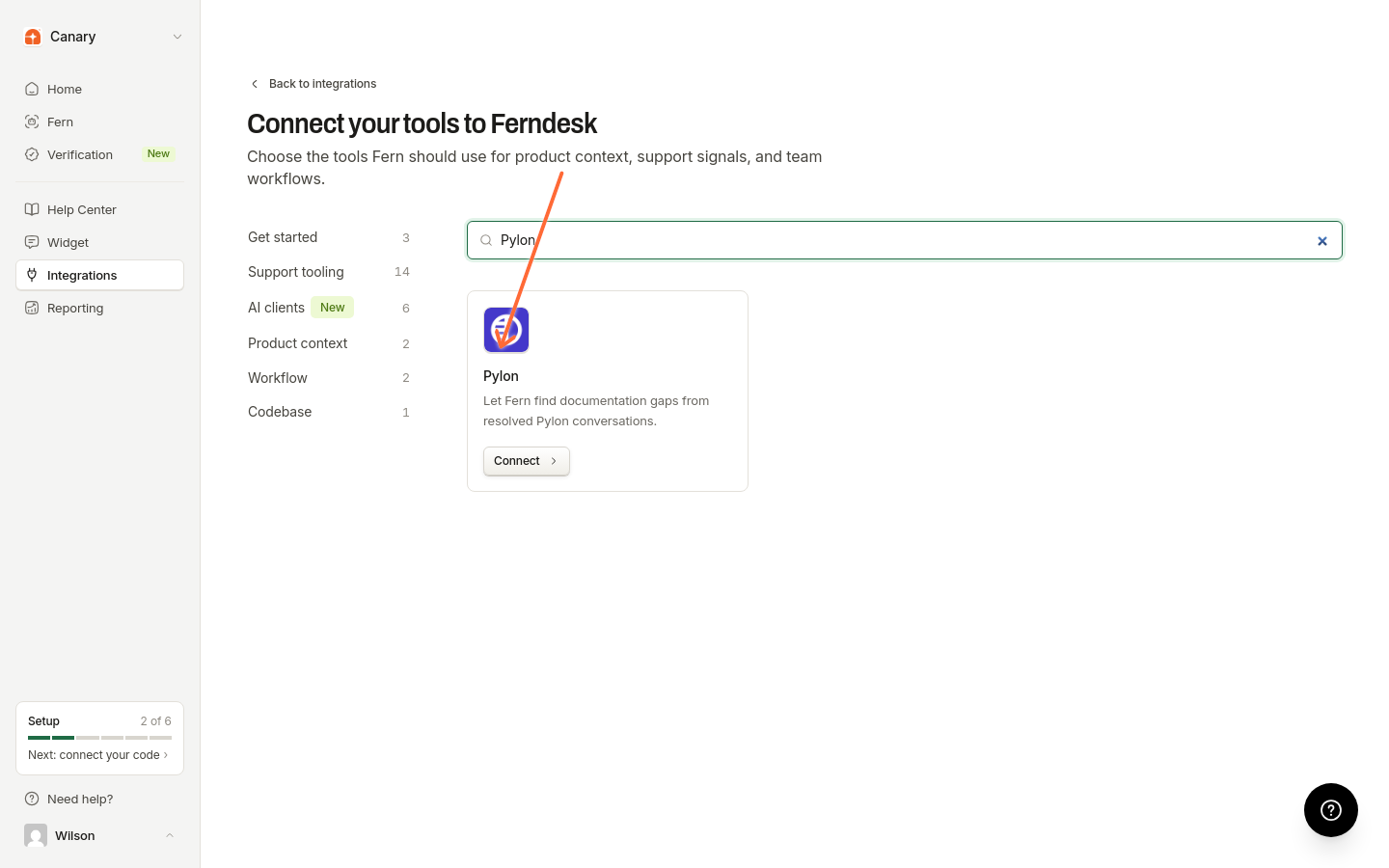 Página de Integraciones con la tarjeta de Pylon resaltada