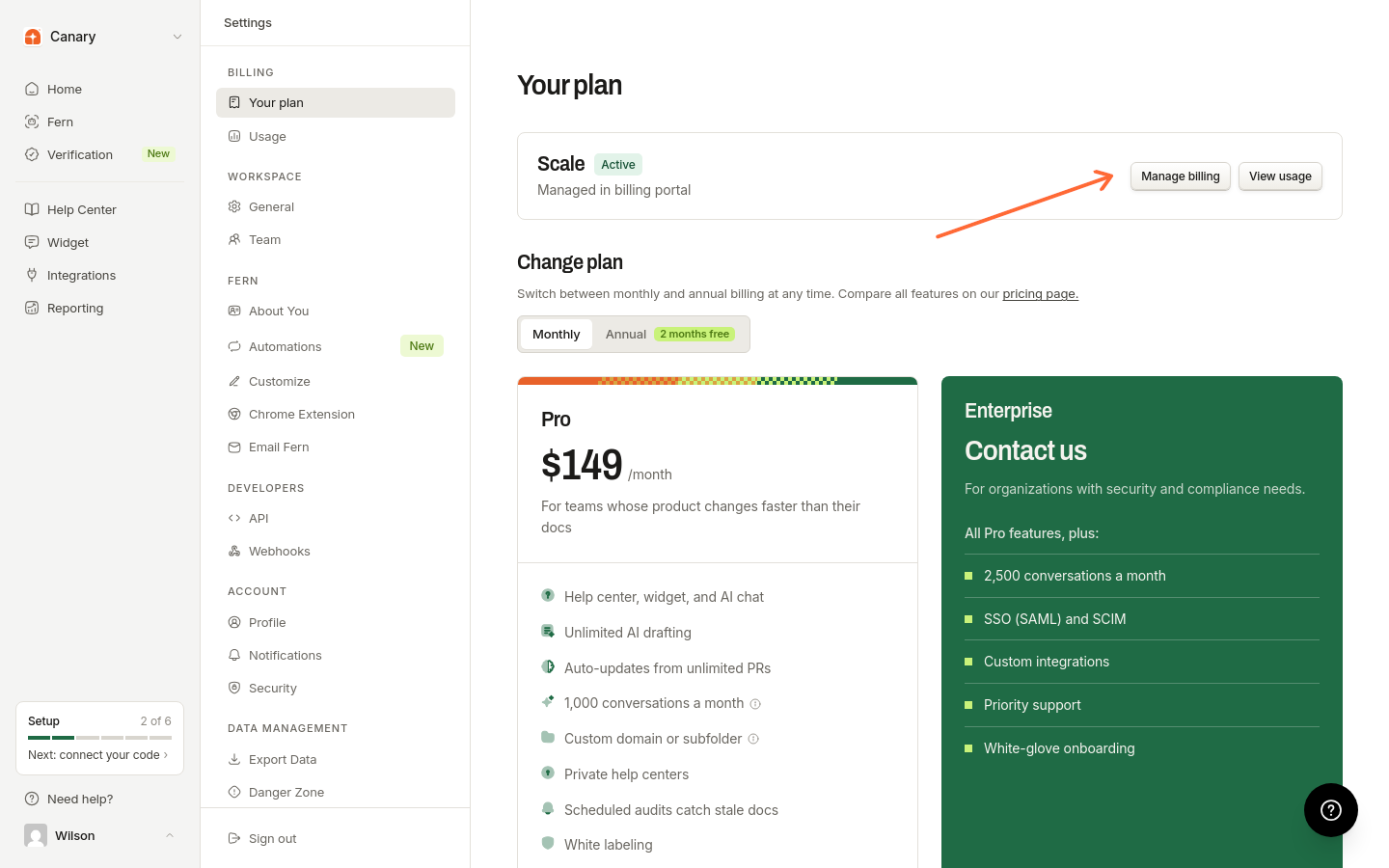 Your plan page with Manage billing button