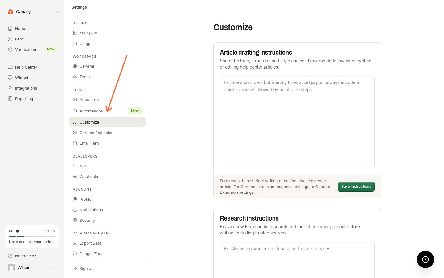 Fern option in the Settings navigation