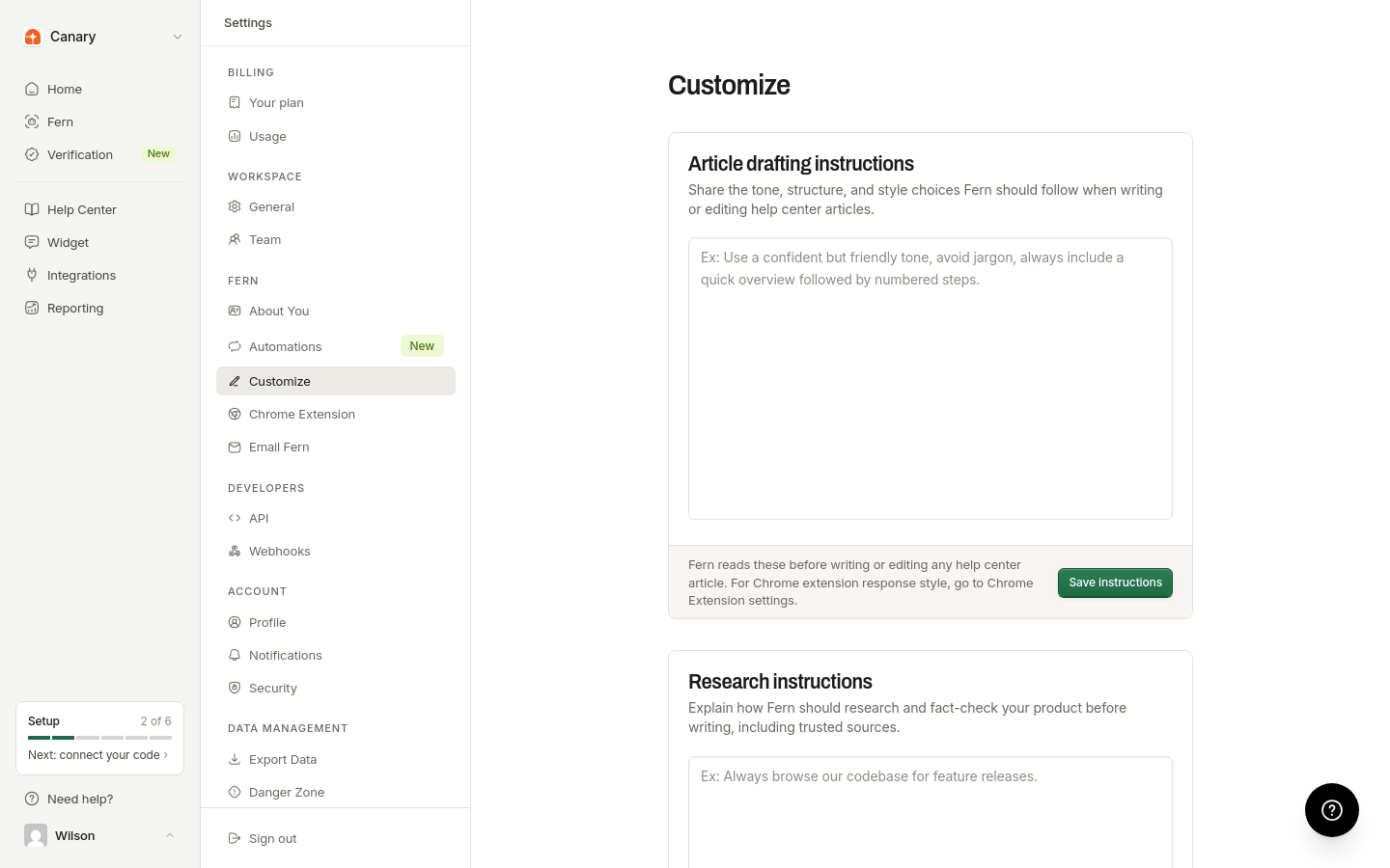 Drafting instructions field on the custom instructions page