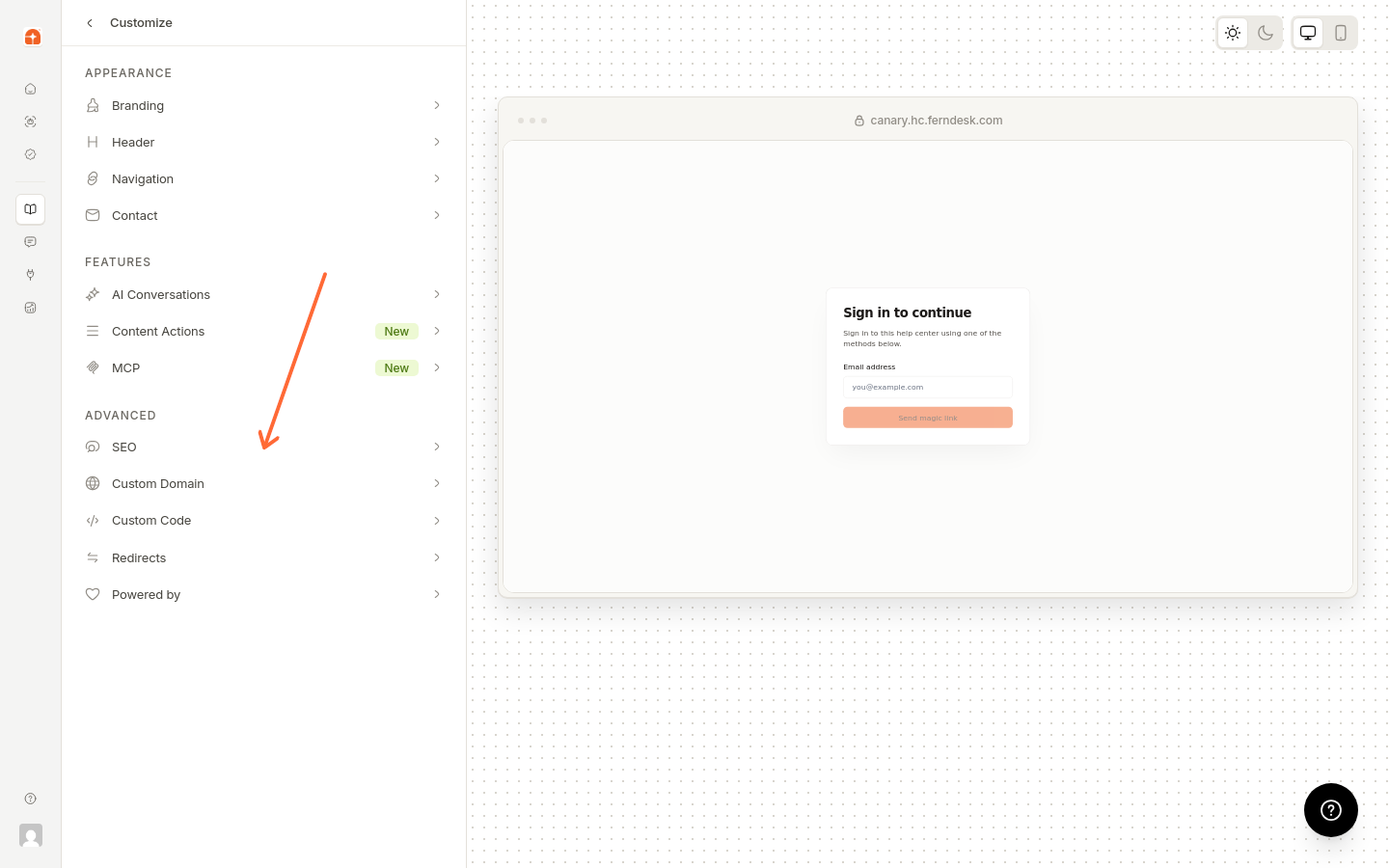 Custom Domain section in the Ferndesk Customize settings