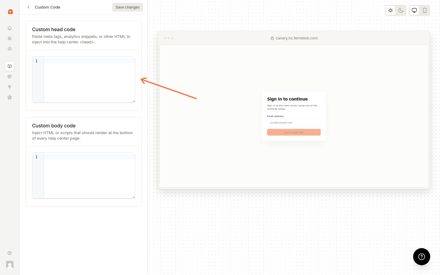 L’éditeur Custom head code du groupe Advanced, dans lequel vous pouvez coller des codes d’intégration de polices et du CSS