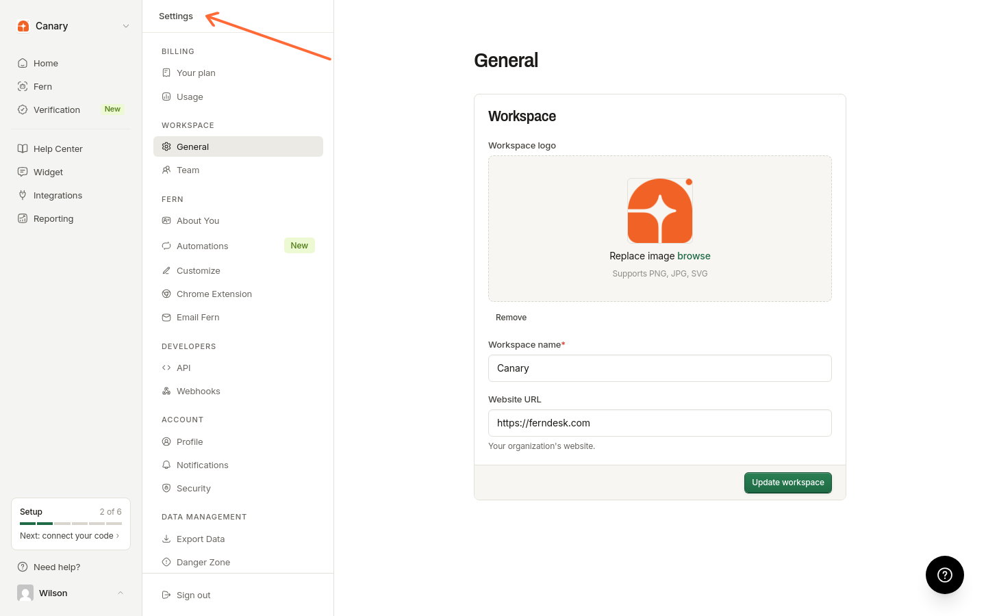 Settings option in the left sidebar