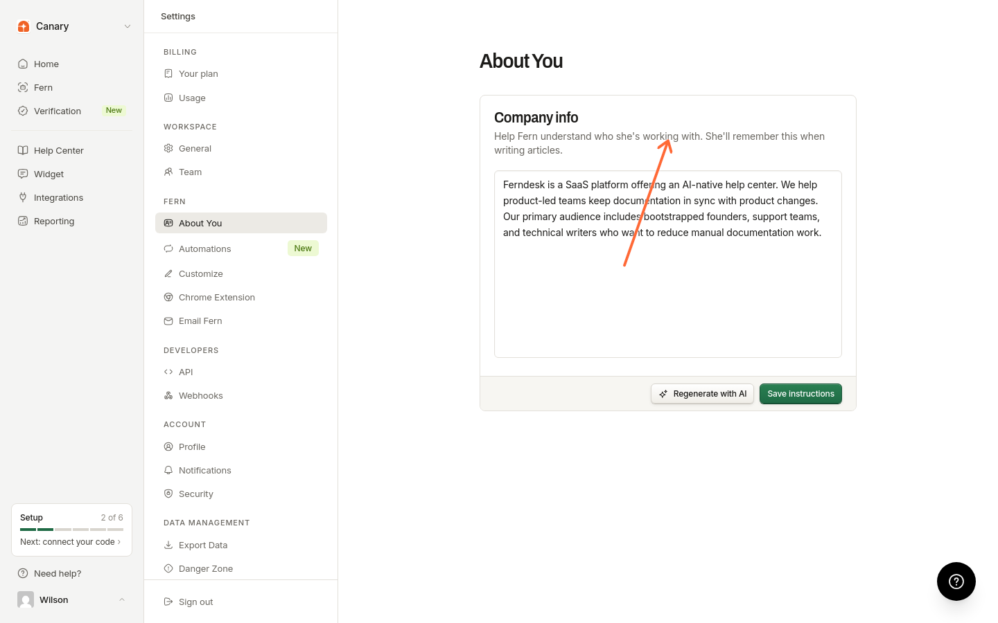 About You page showing Company info textarea