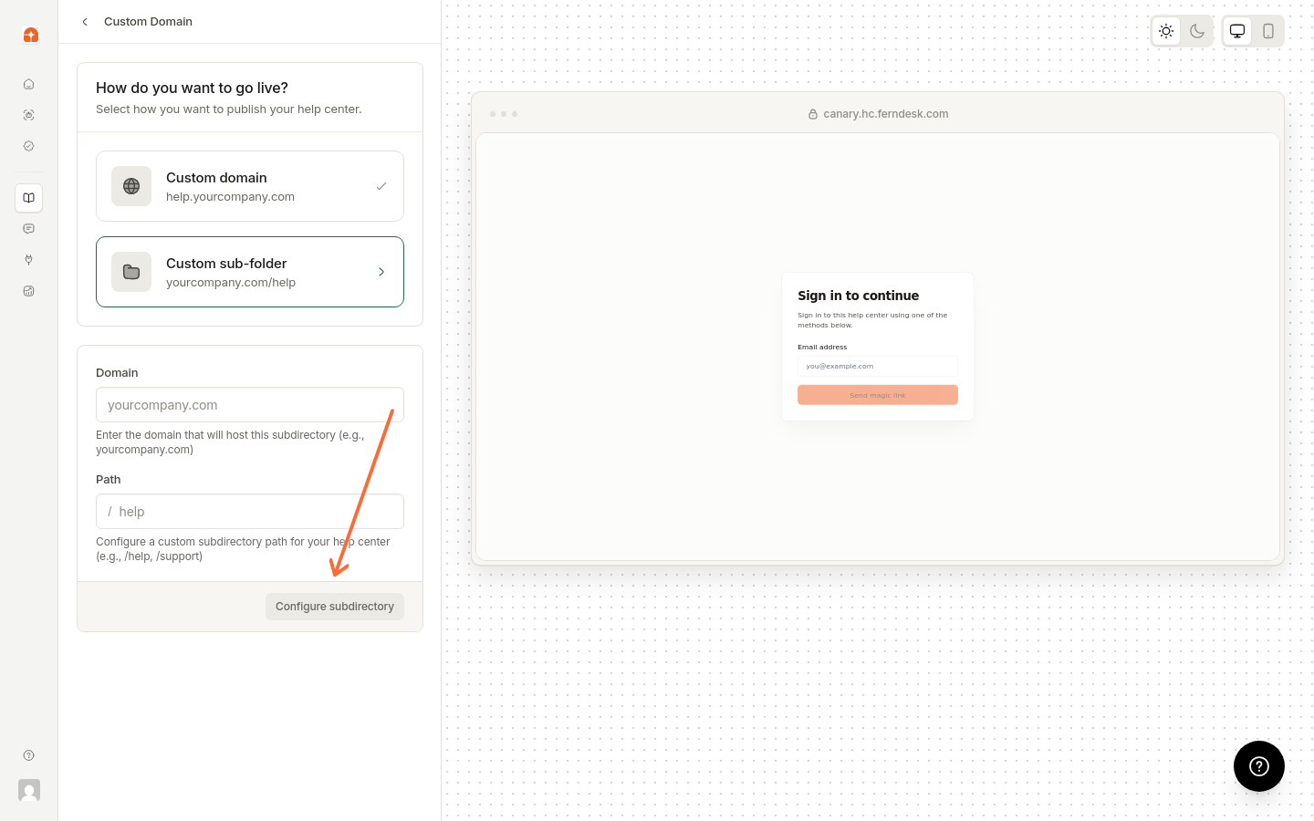 Custom sub-folder option selected with the Path field and Configure subdirectory button