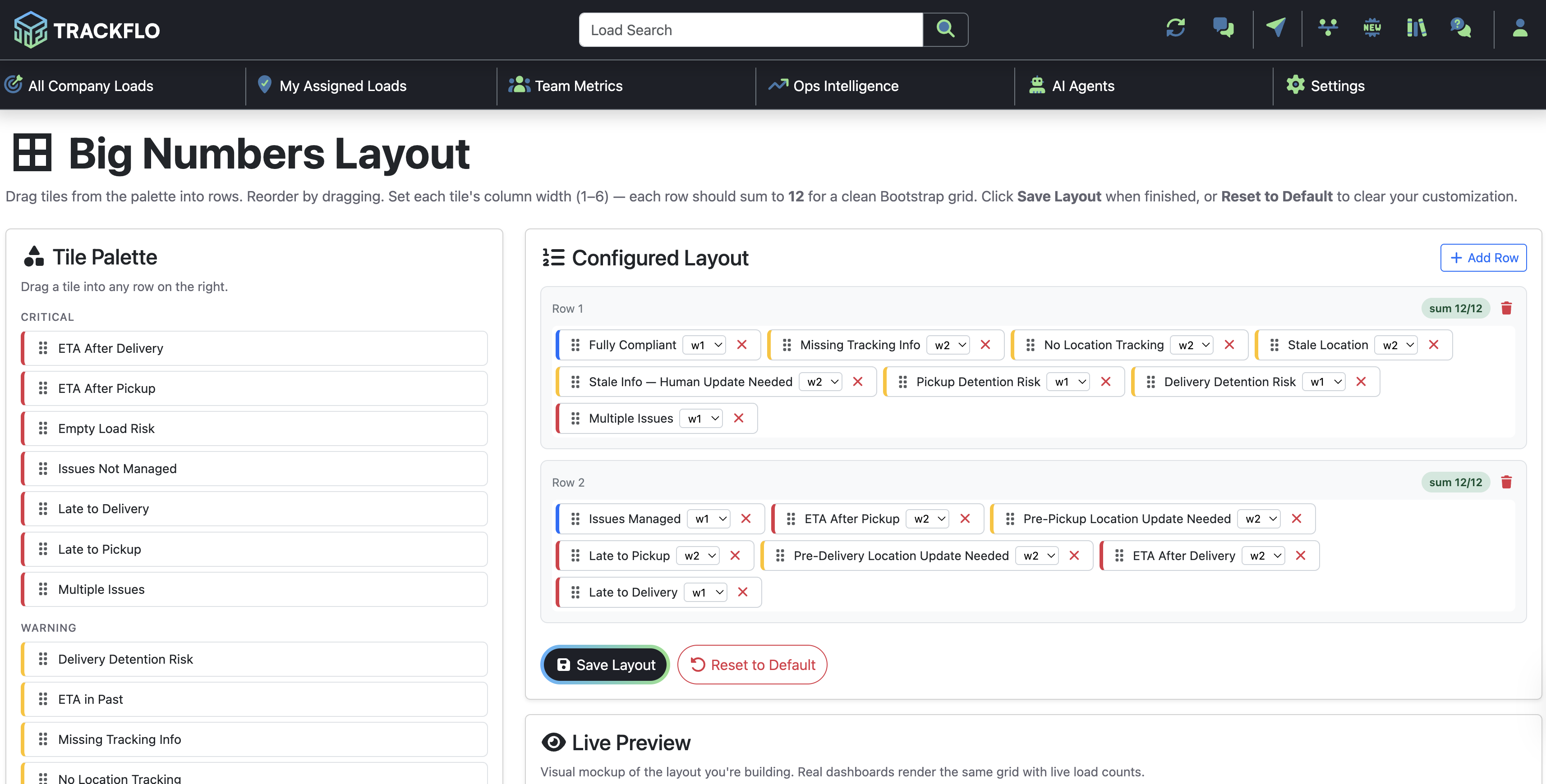 The Configured Layout panel with rows, tile widths, and the sum indicator
