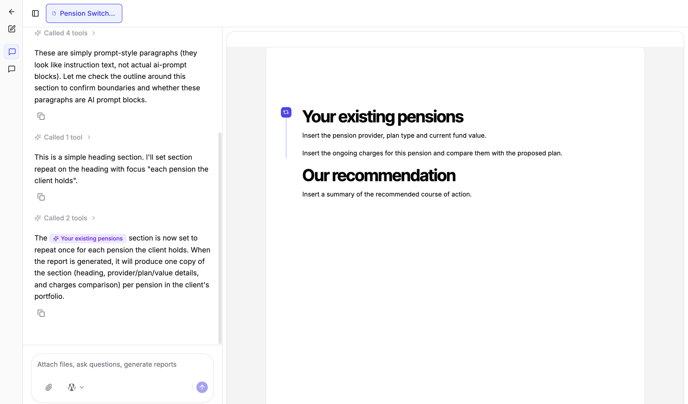Templi chat with the template open alongside, after Templi has set the Your existing pensions section to repeat for each pension the client holds