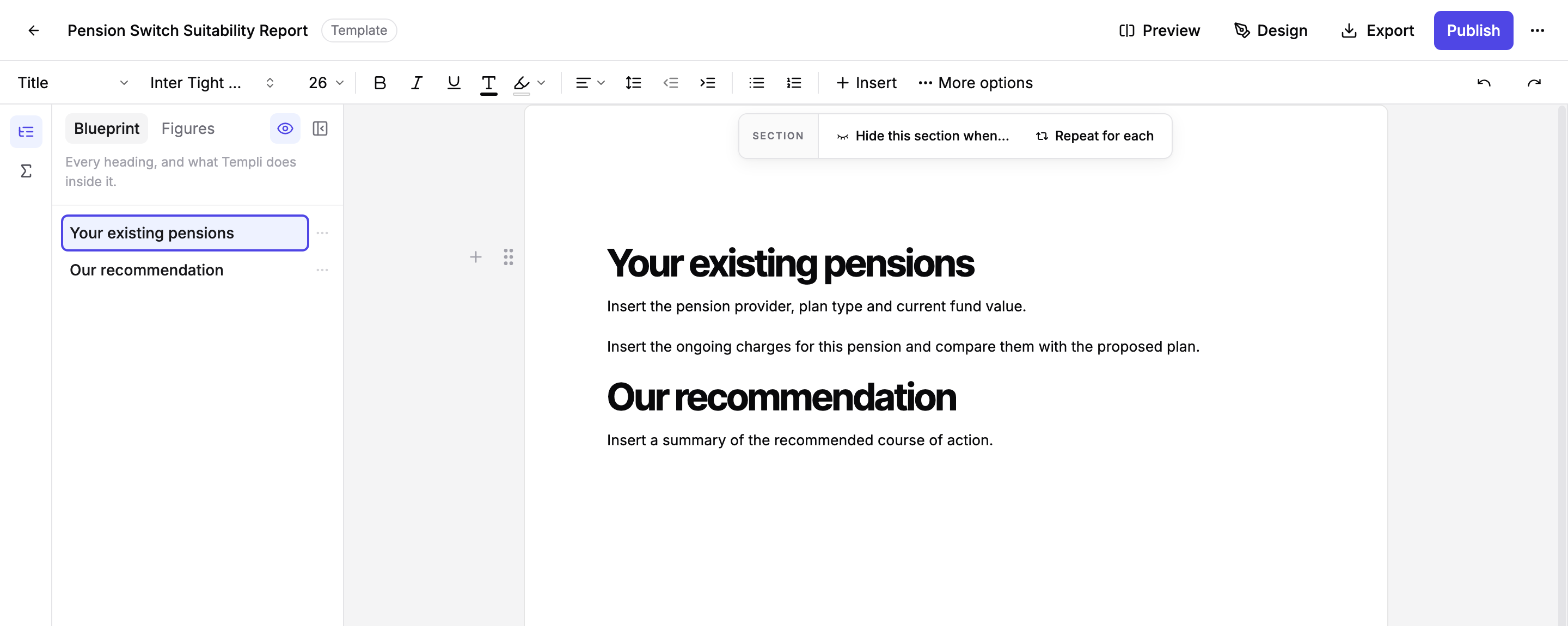 The section menu above a heading in the template editor, with Hide this section when and Repeat for each
