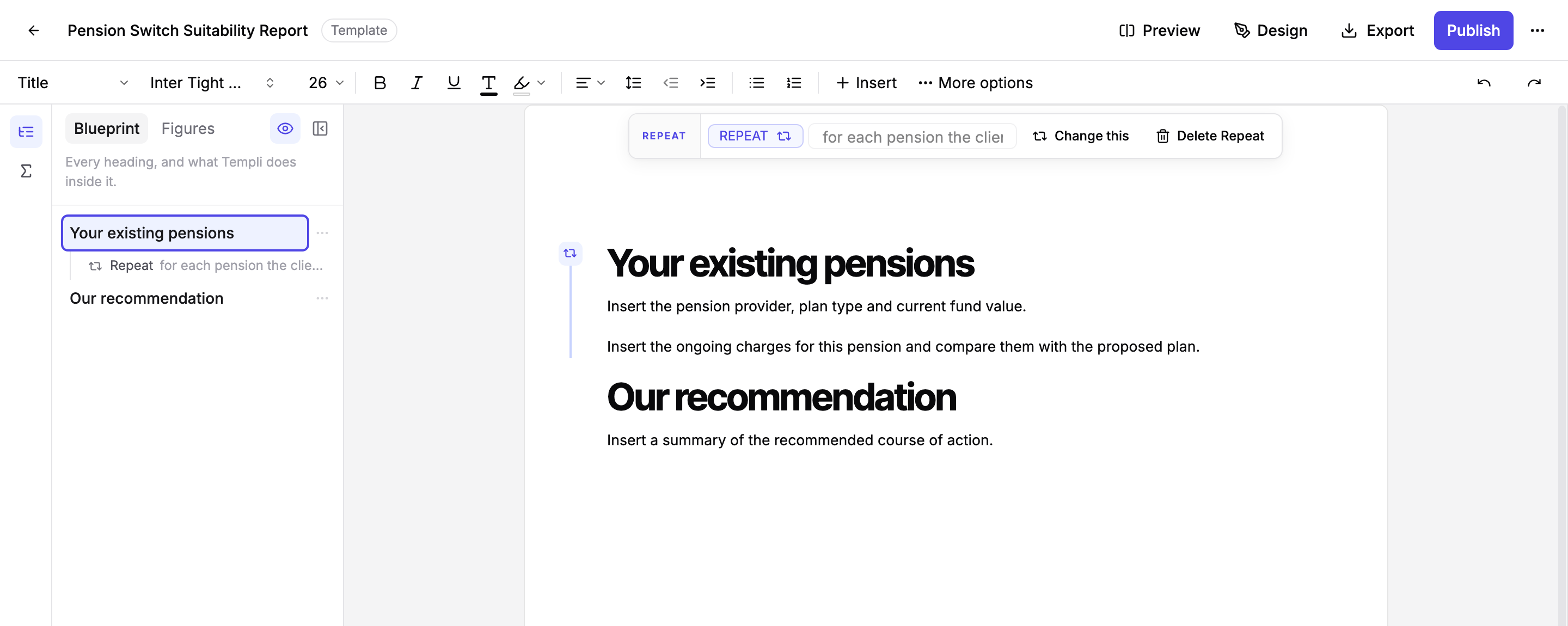 The template after the repeat is added, showing the Repeat marker beside the heading and the Blueprint entry Repeat for each pension the client holds