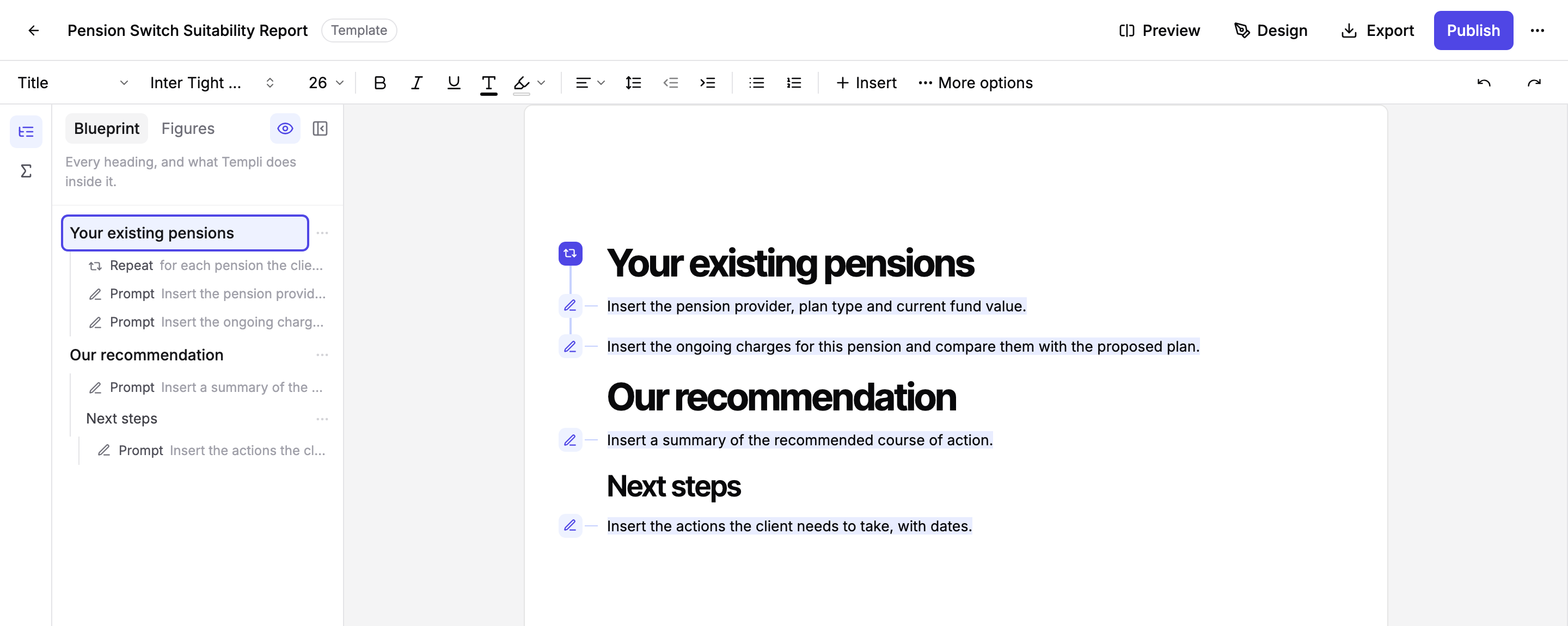 The Blueprint panel on the left of the template editor, listing headings with a Repeat and Prompts nested under them