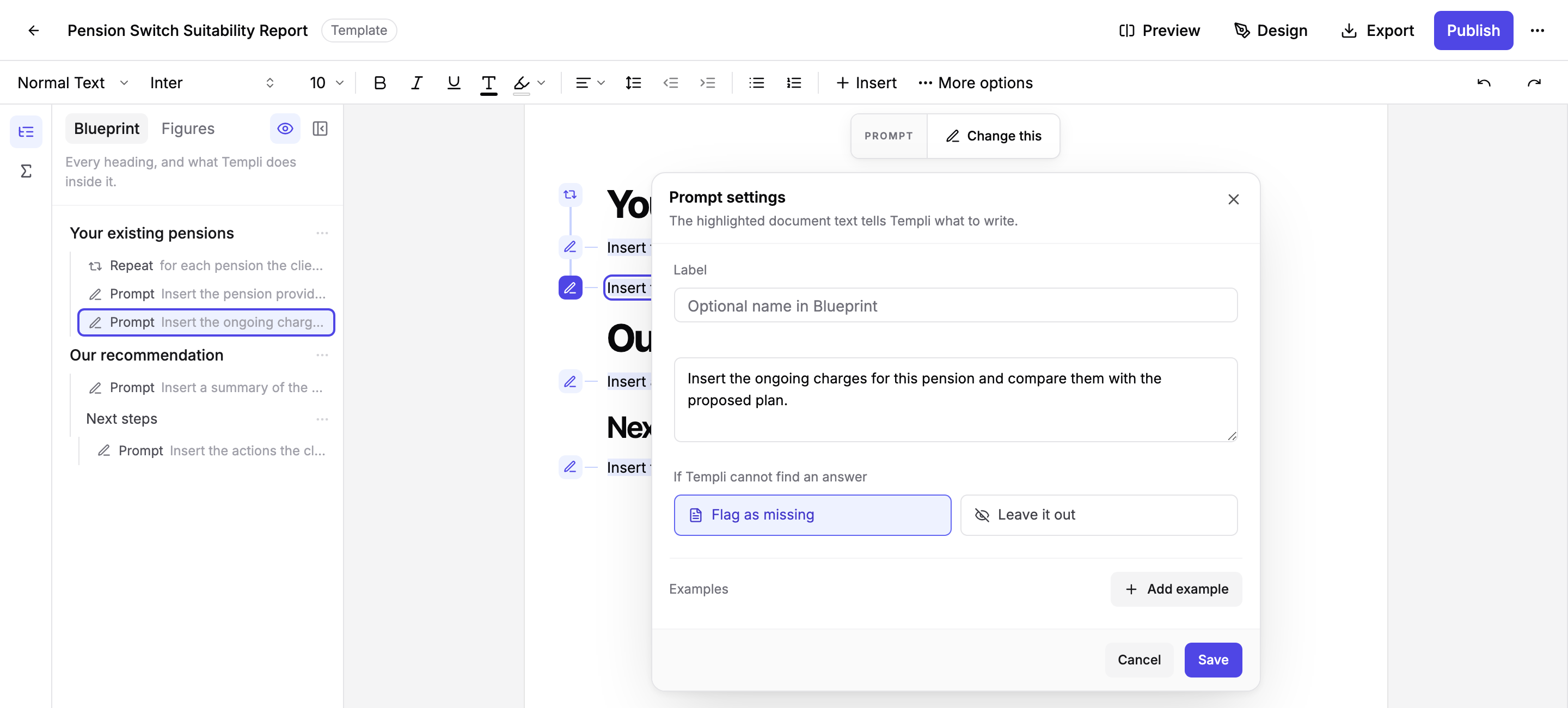 A Prompt entry selected in the Blueprint, with the prompt highlighted in the template and its settings open above it