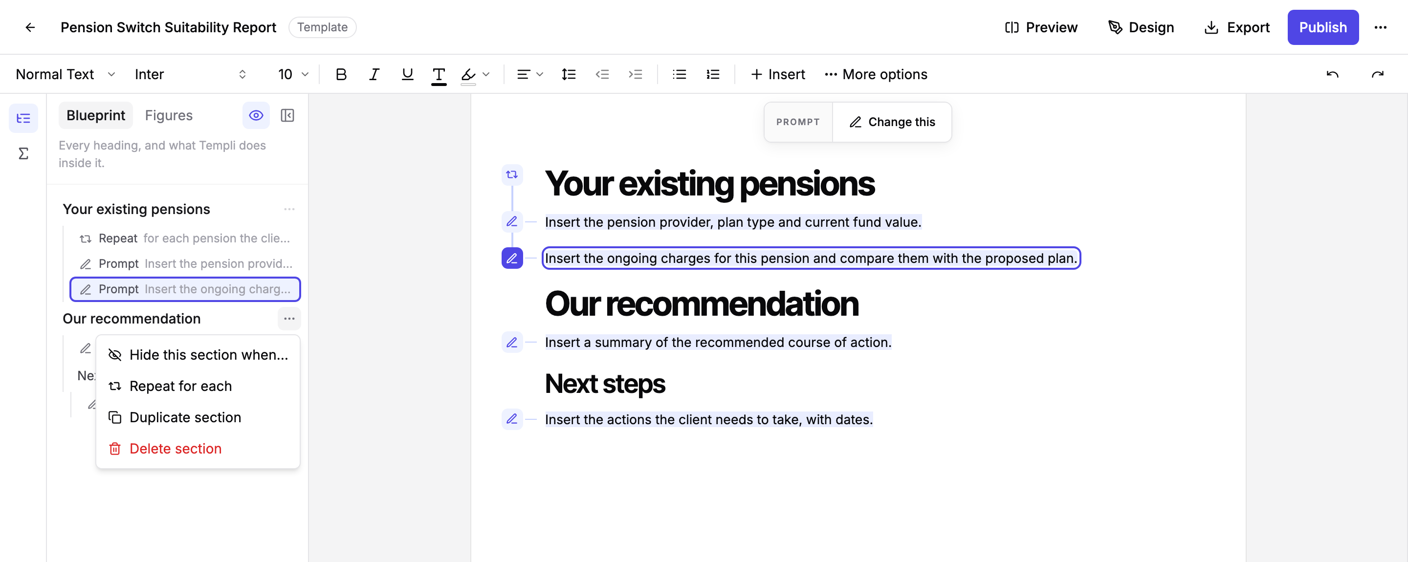 The section actions menu open next to a heading in the Blueprint, showing Hide this section when, Repeat for each, Duplicate section and Delete section