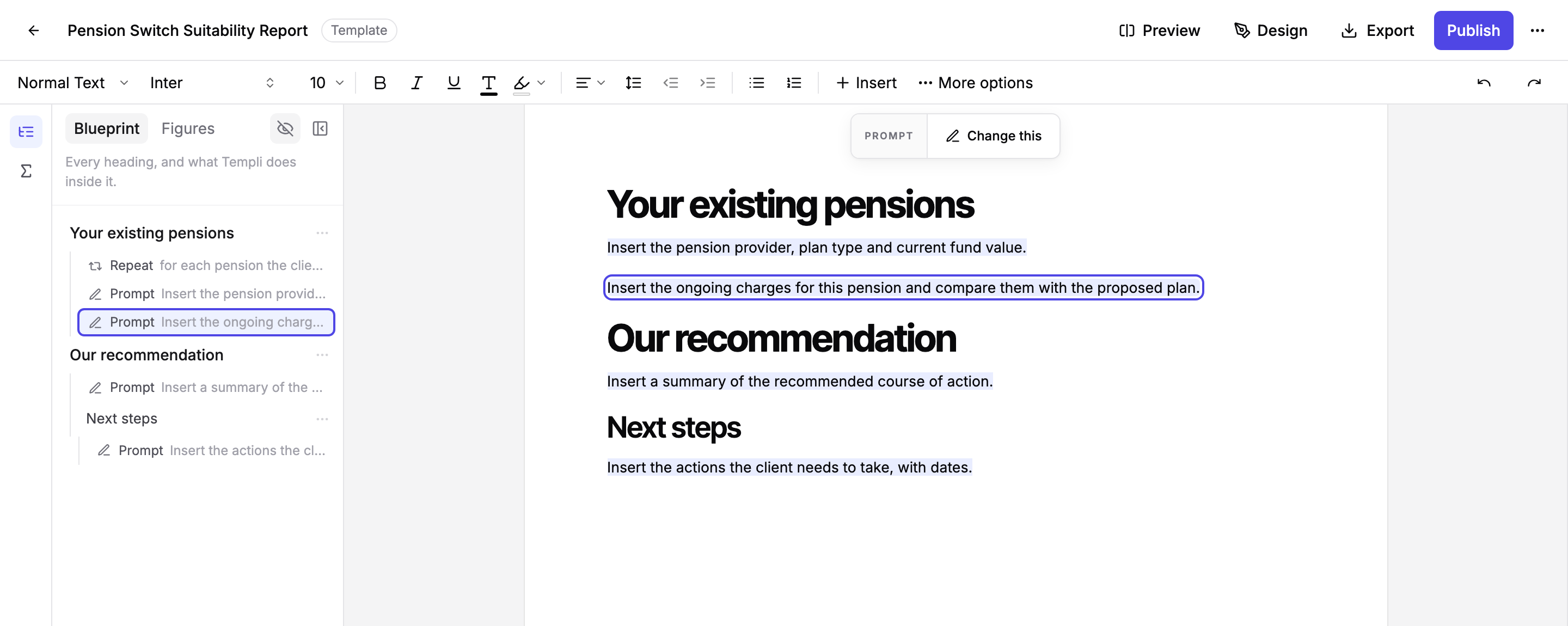 The template with AI block markers switched off, so the page reads like a finished document while the Blueprint still lists every block
