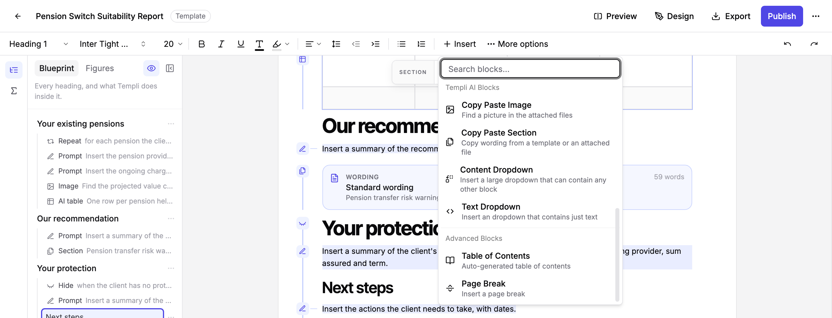 The Insert menu open in the template editor, showing Copy Paste Image, Copy Paste Section, Content Dropdown and Text Dropdown under Templi AI Blocks