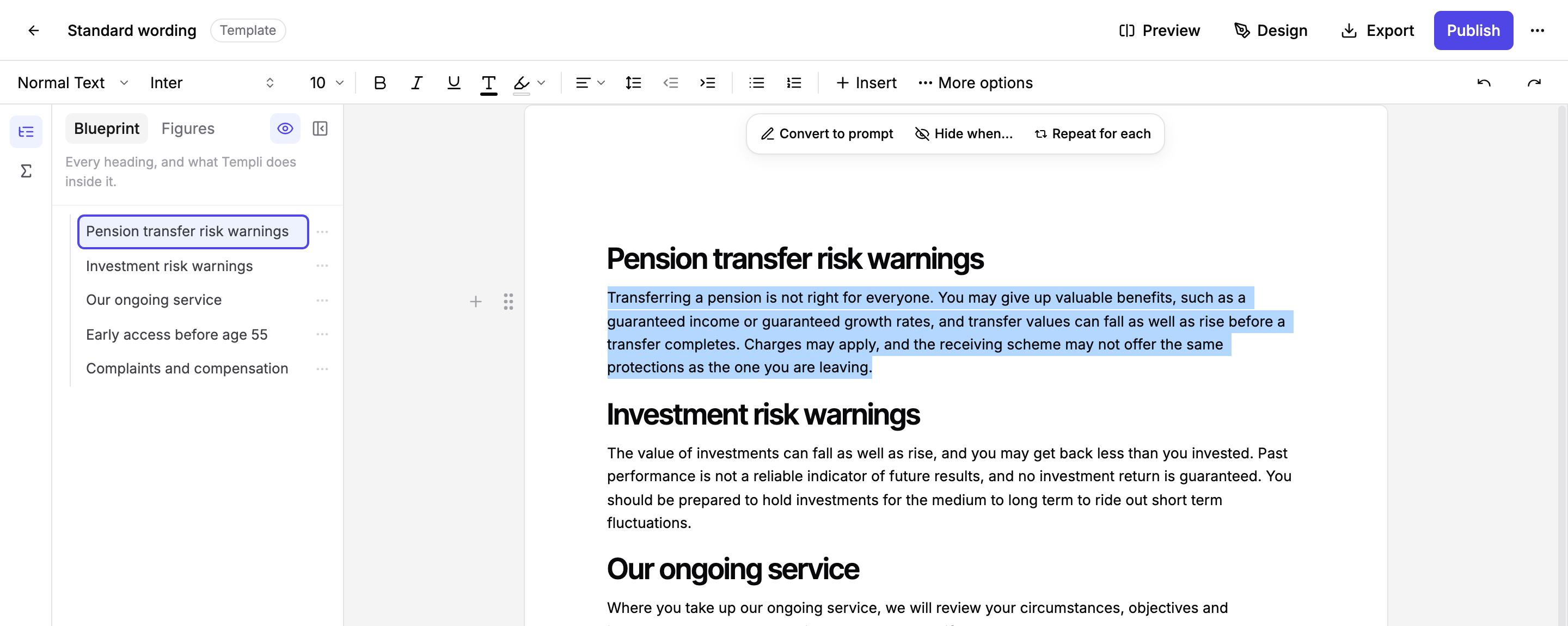 A highlighted paragraph in the template with Convert to prompt, Hide when and Repeat for each in the menu above it