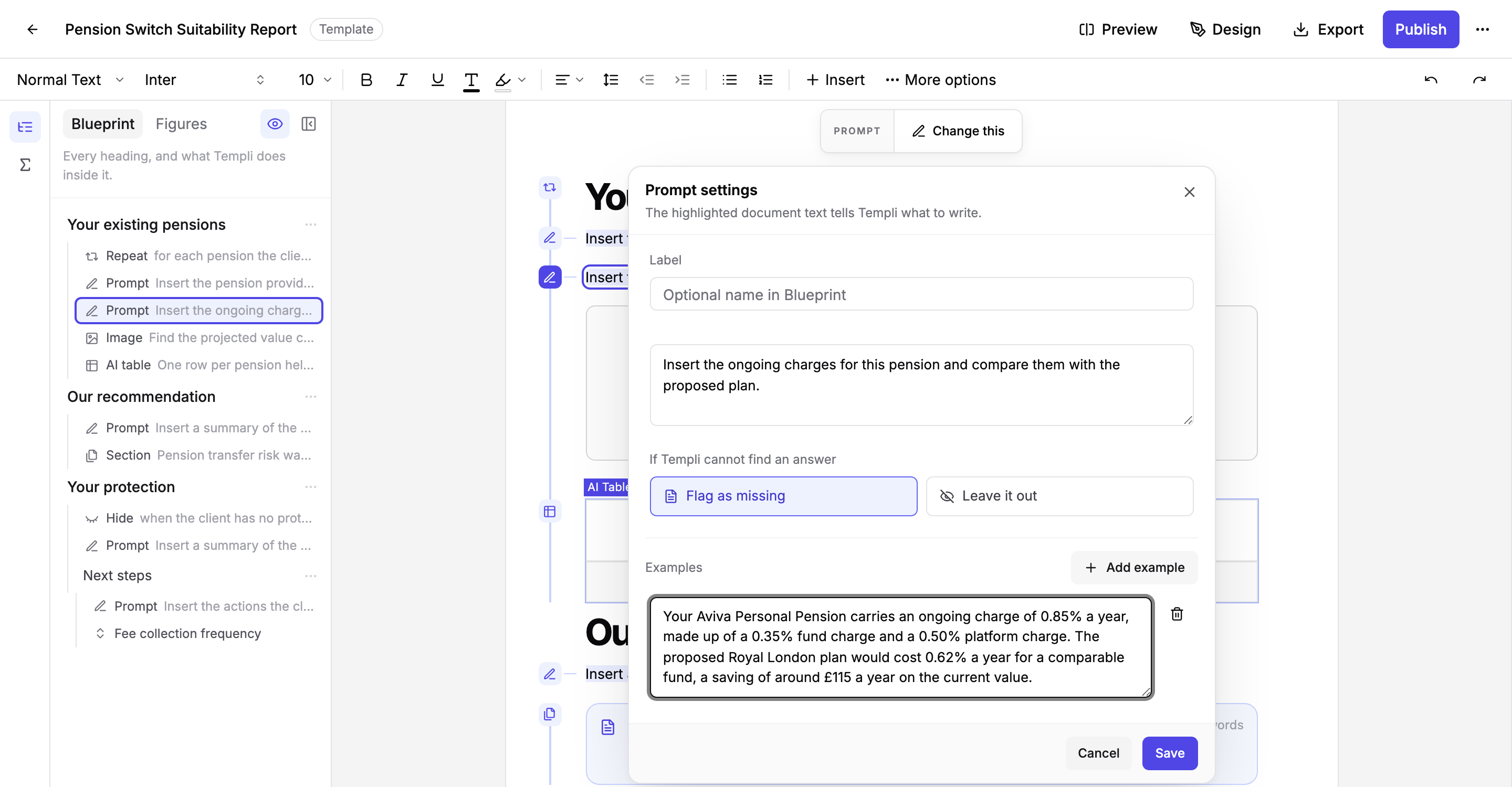 Prompt settings showing the label, the instruction, the choice of what to do when Templi cannot find an answer, and an example paragraph