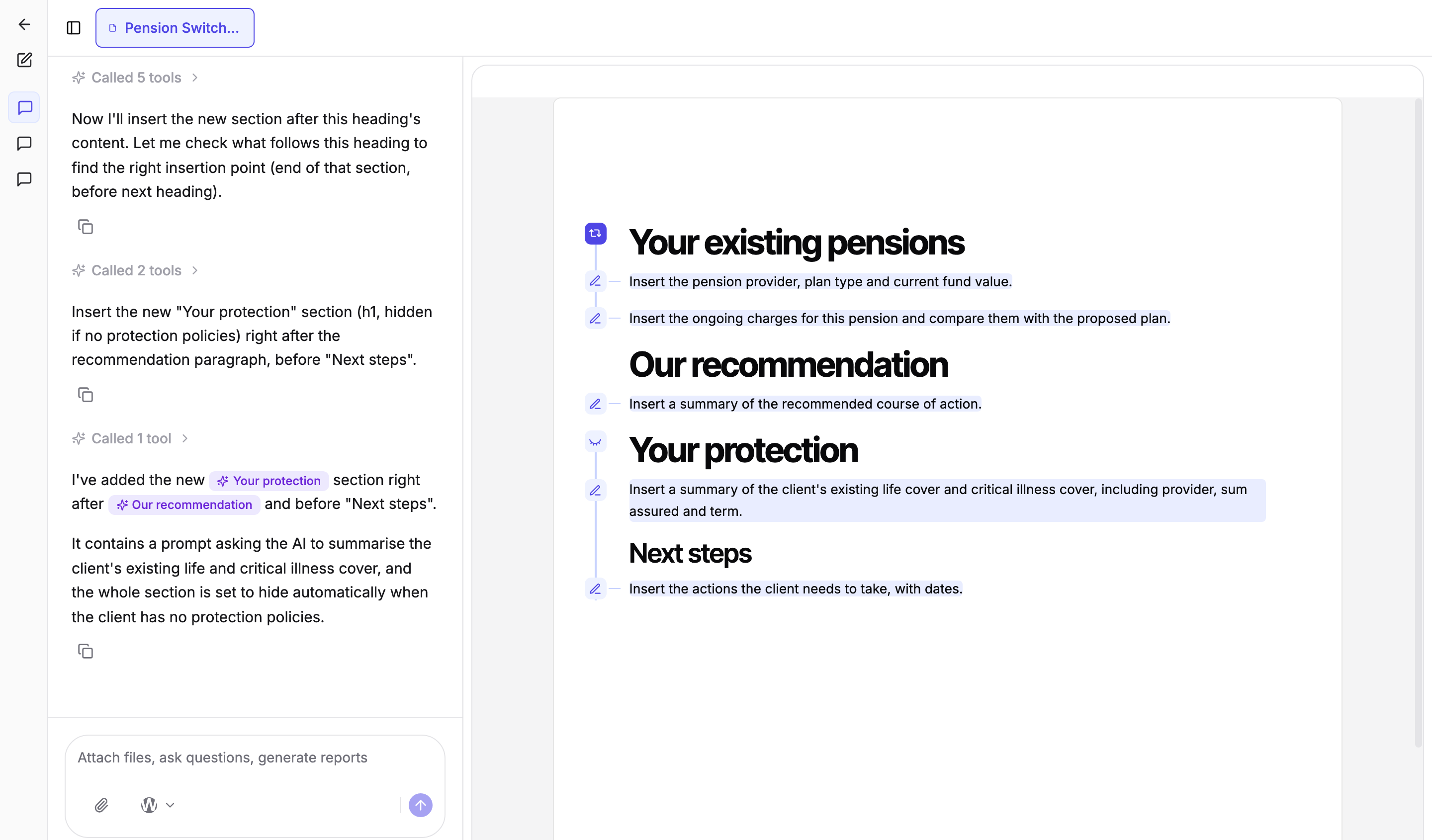 Templi chat with the template open alongside, after Templi has added a Your protection section and set it to hide when the client has no protection policies