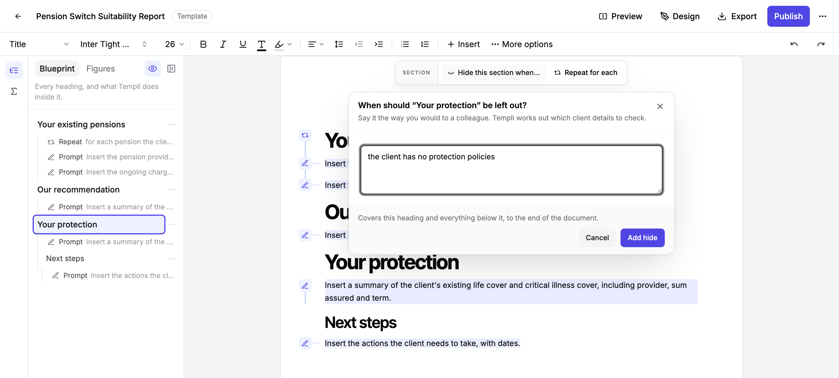 The When should Your protection be left out editor with the client has no protection policies typed in, and a footer showing how far the rule reaches