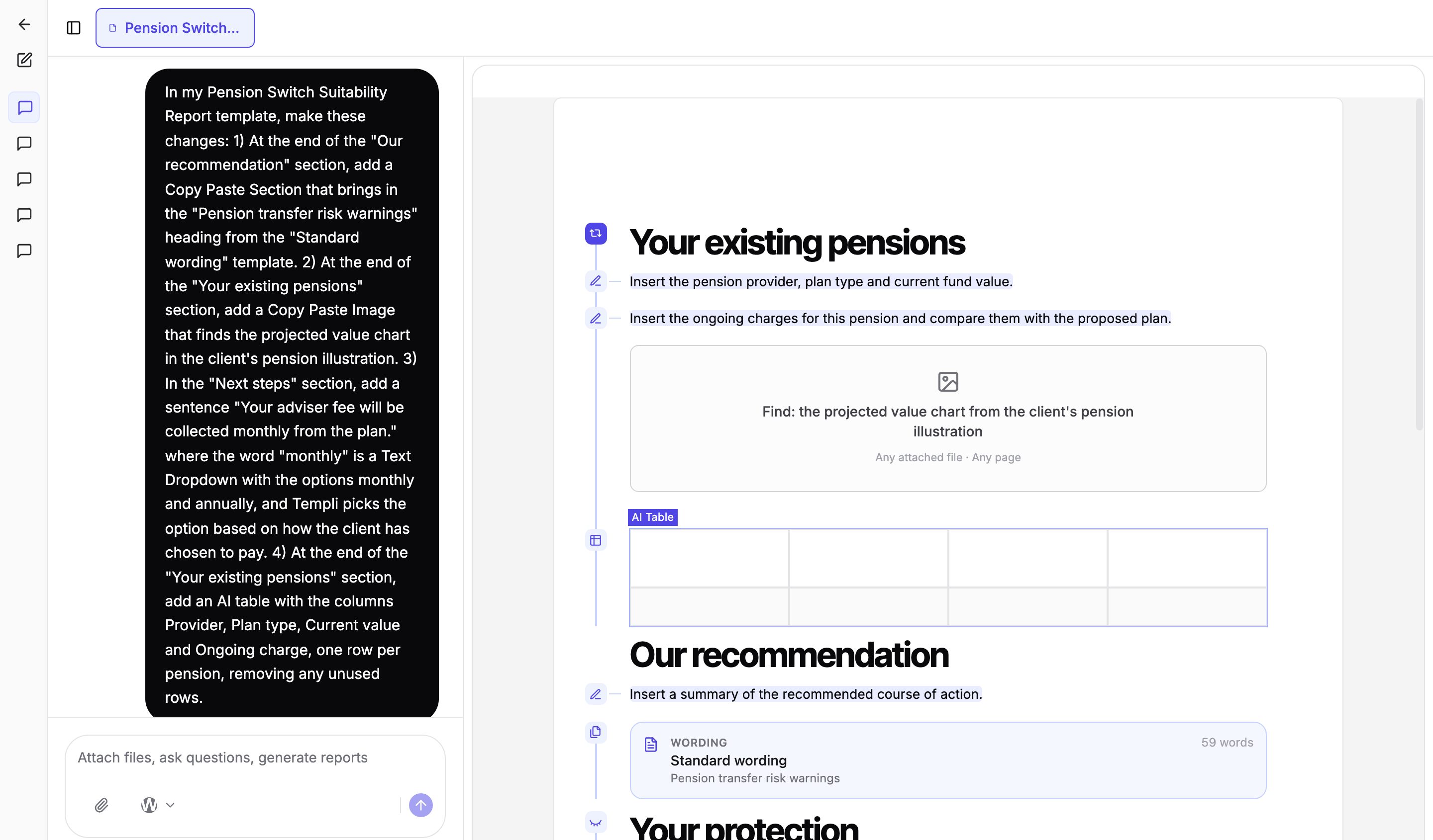 Templi chat with the template open alongside, after adding a Copy Paste Section, a Copy Paste Image, a Text Dropdown and an AI table in one request