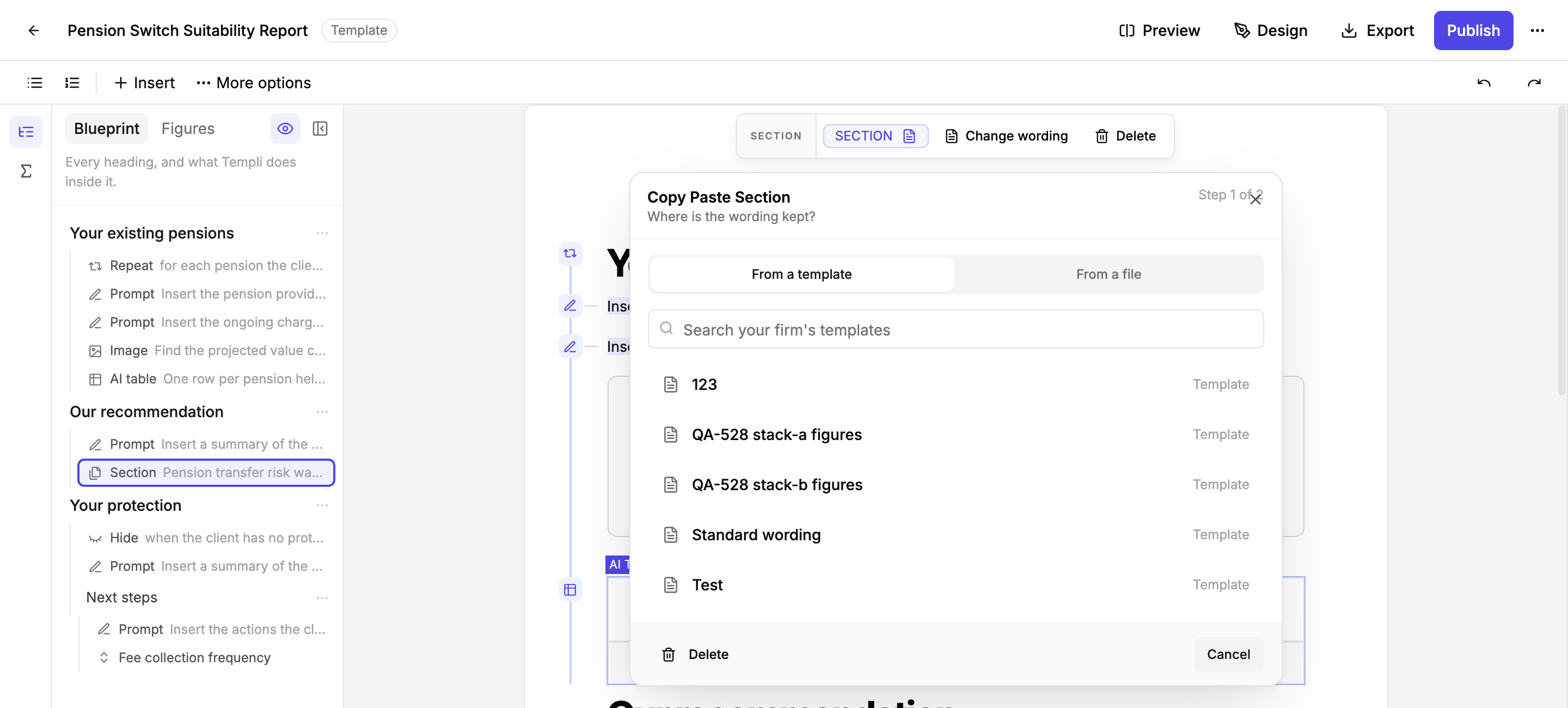 Copy Paste Section step 1, choosing the Standard wording template from the firm's templates