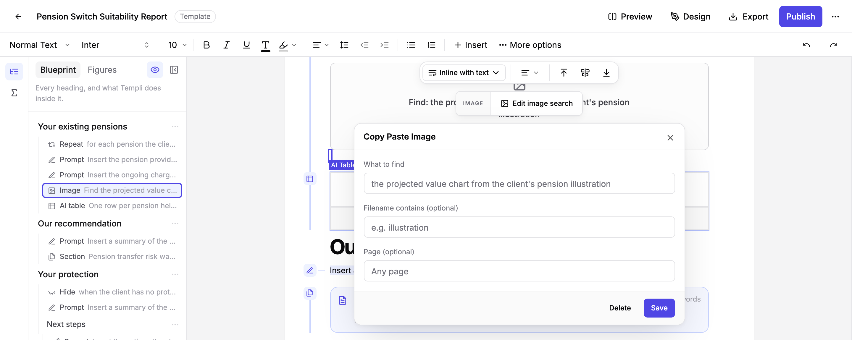 The Copy Paste Image editor with what to find, filename contains and page fields, above a placeholder in the template