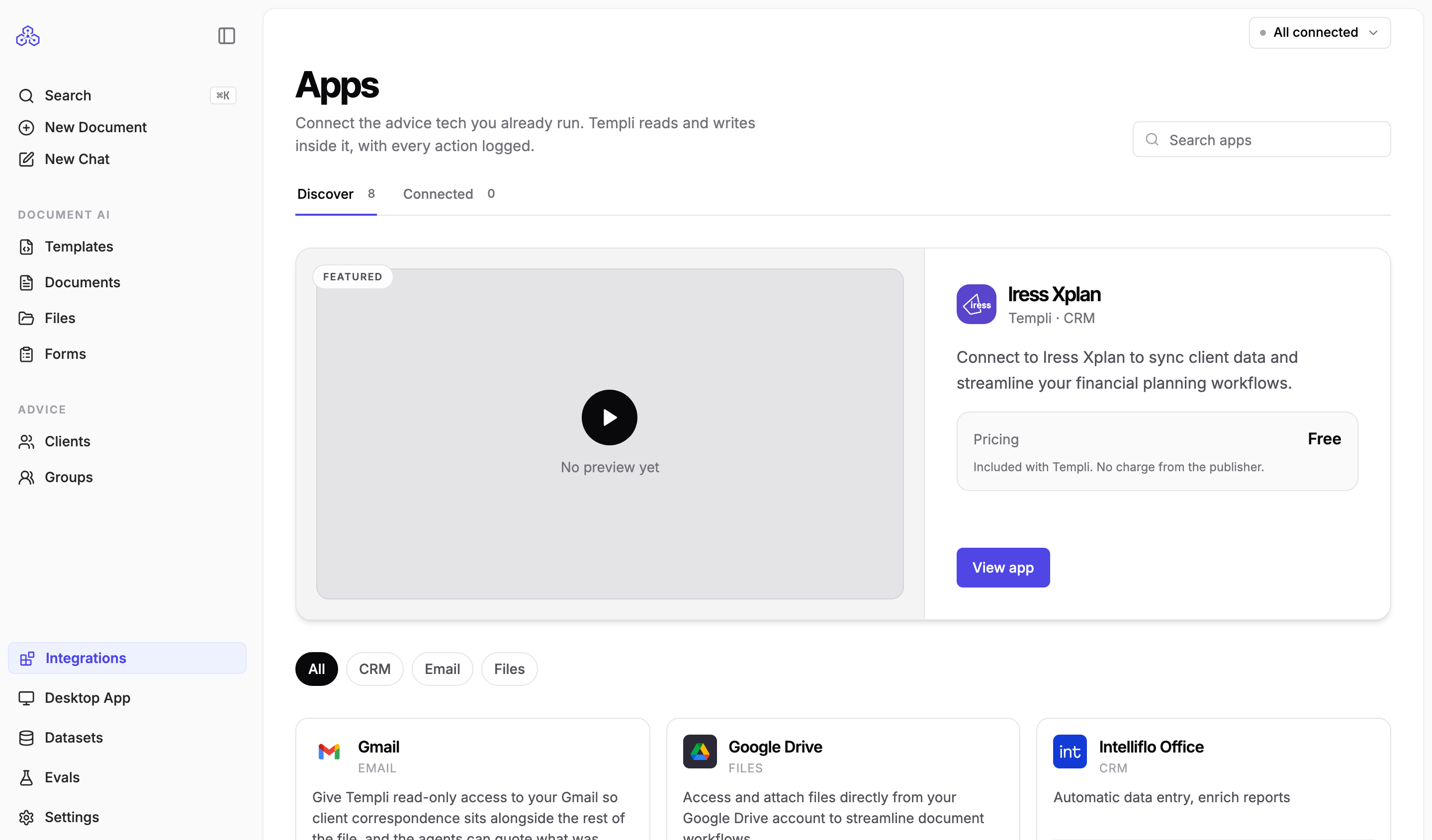 The Apps page in Templi, with Discover and Connected tabs, a featured app and cards for each app