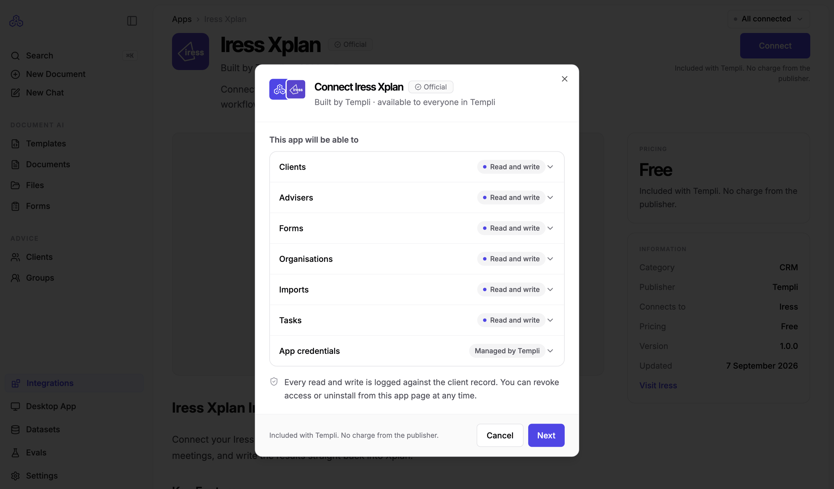 The Connect dialog for Iress Xplan listing what the app will be able to do, with Cancel and Next buttons