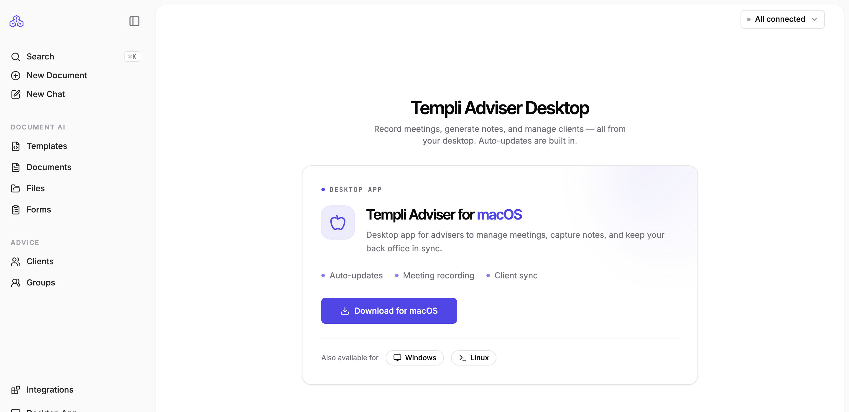 The Templi Adviser Desktop download page with a Download for macOS button and links for other platforms