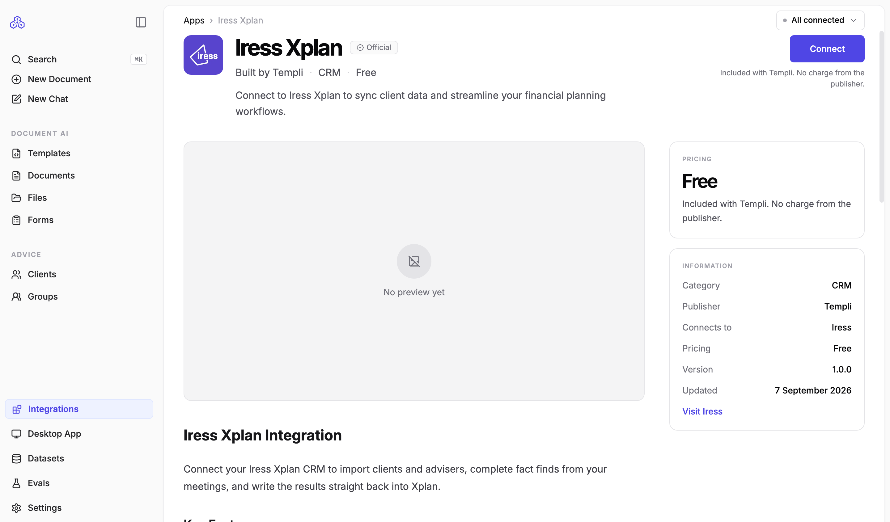 The Iress Xplan app page in Templi