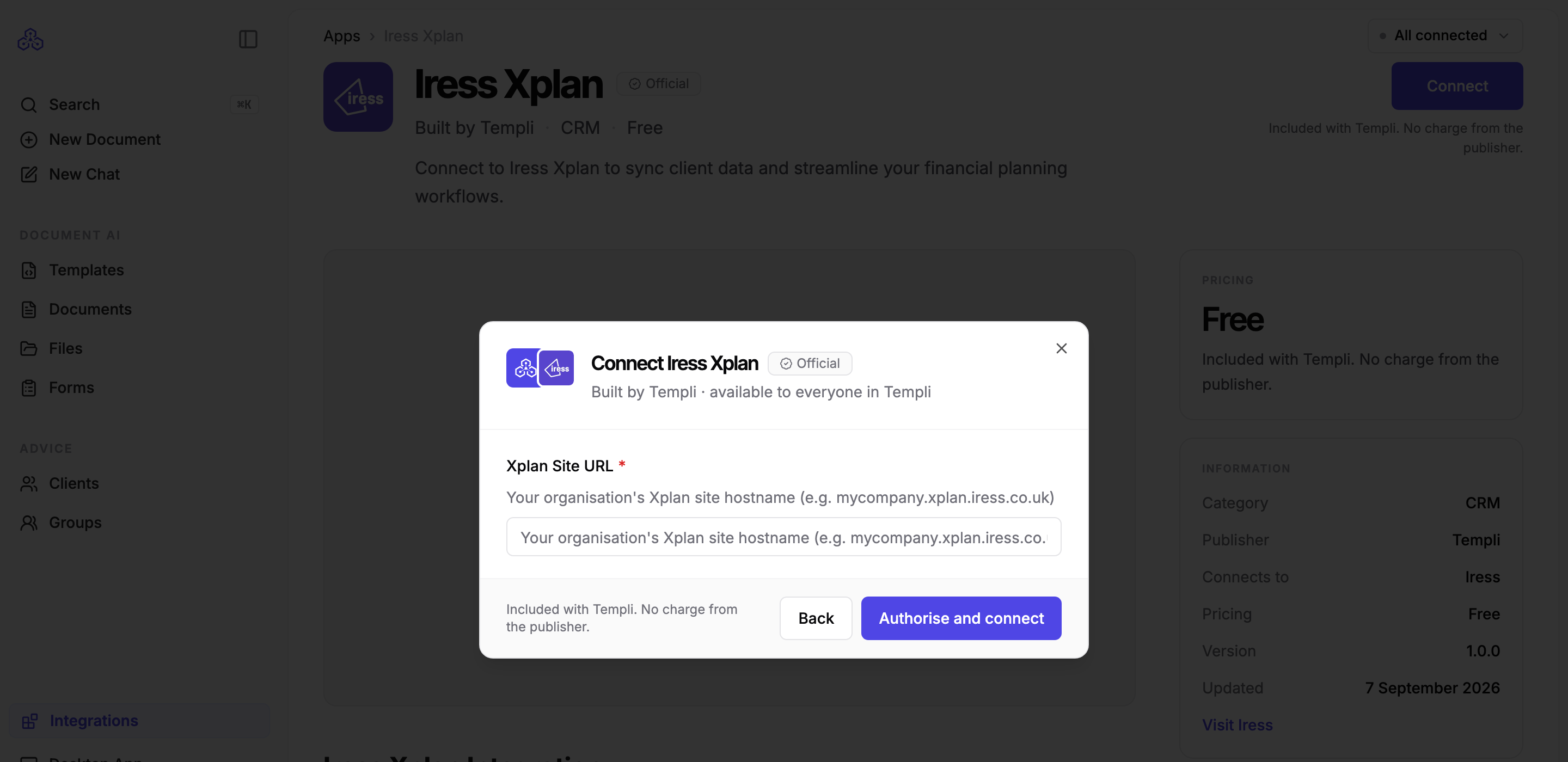 The Xplan Site URL step of the Connect dialog, asking for the firm's Xplan site hostname