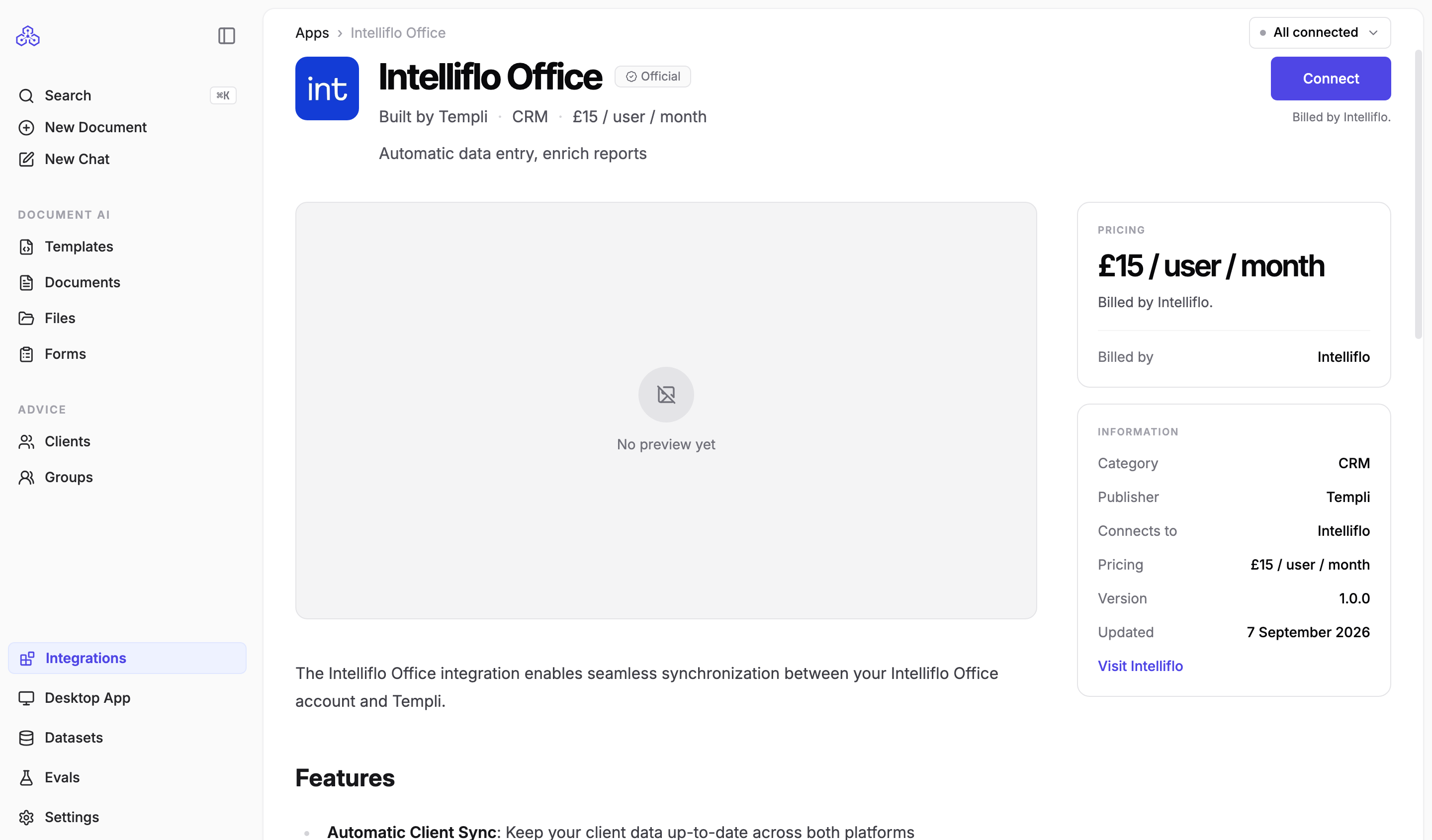 The Intelliflo Office app page in Templi