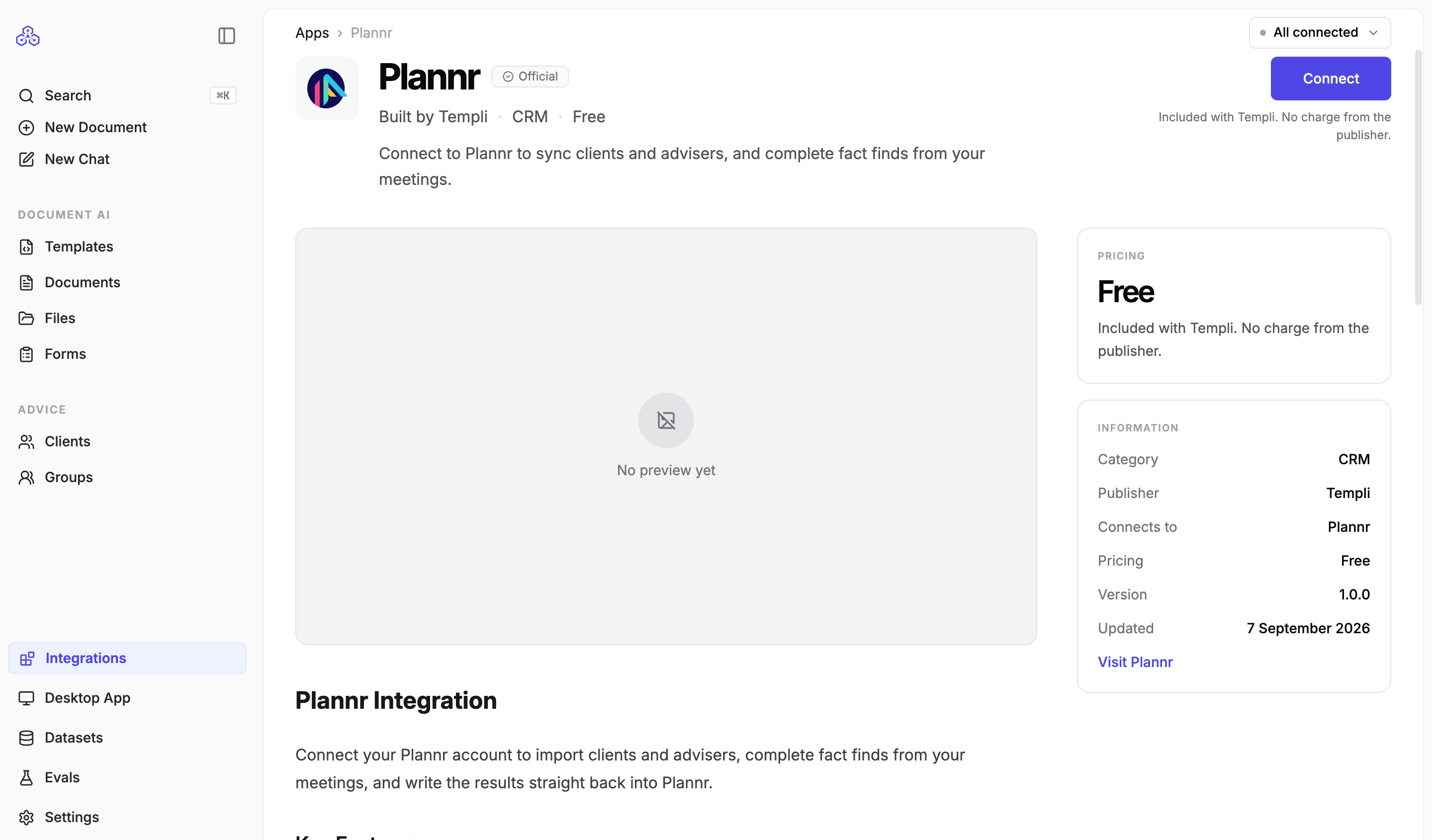 The Plannr app page in Templi