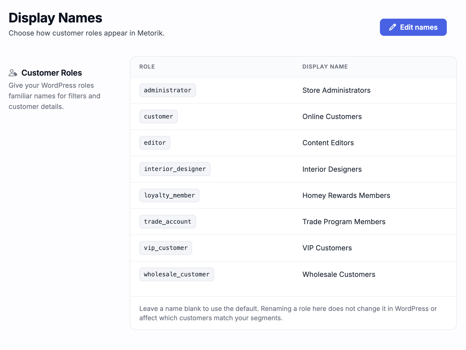 Display Names settings showing the Customer Roles table with role and display name columns