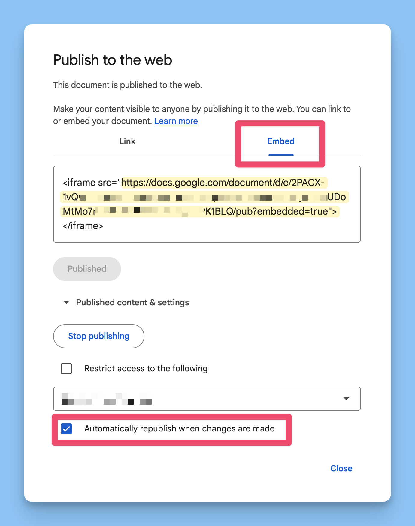 The Publish to the web dialog with the Embed tab selected and the generated iframe code