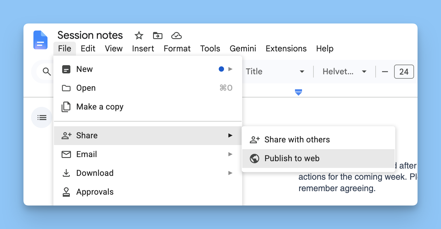 Google Docs File menu with Share > Publish to web