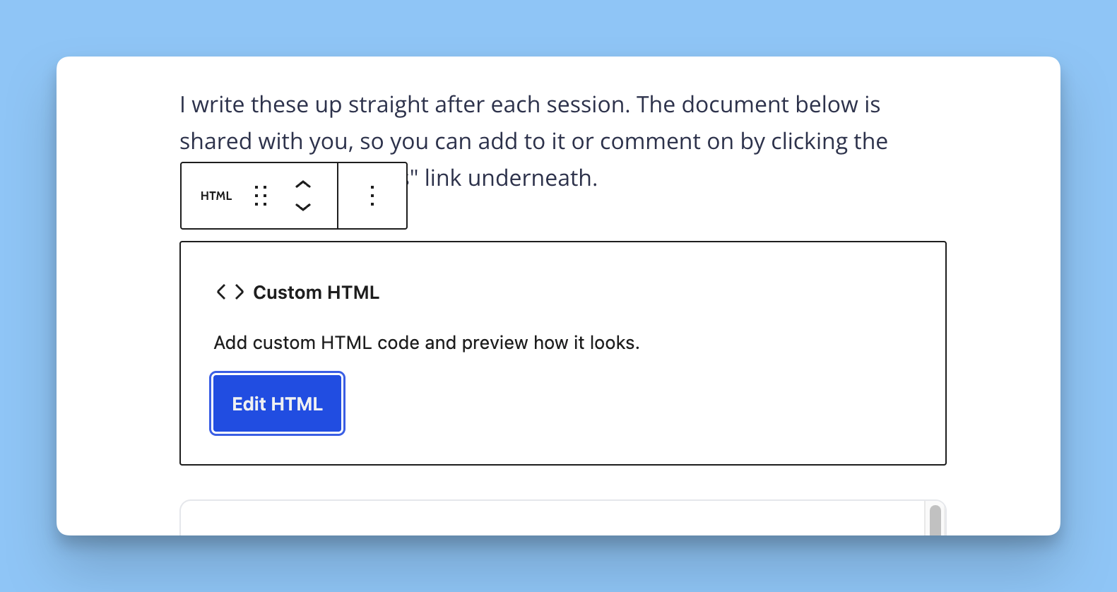 A Custom HTML block in the WordPress editor with an Edit HTML button