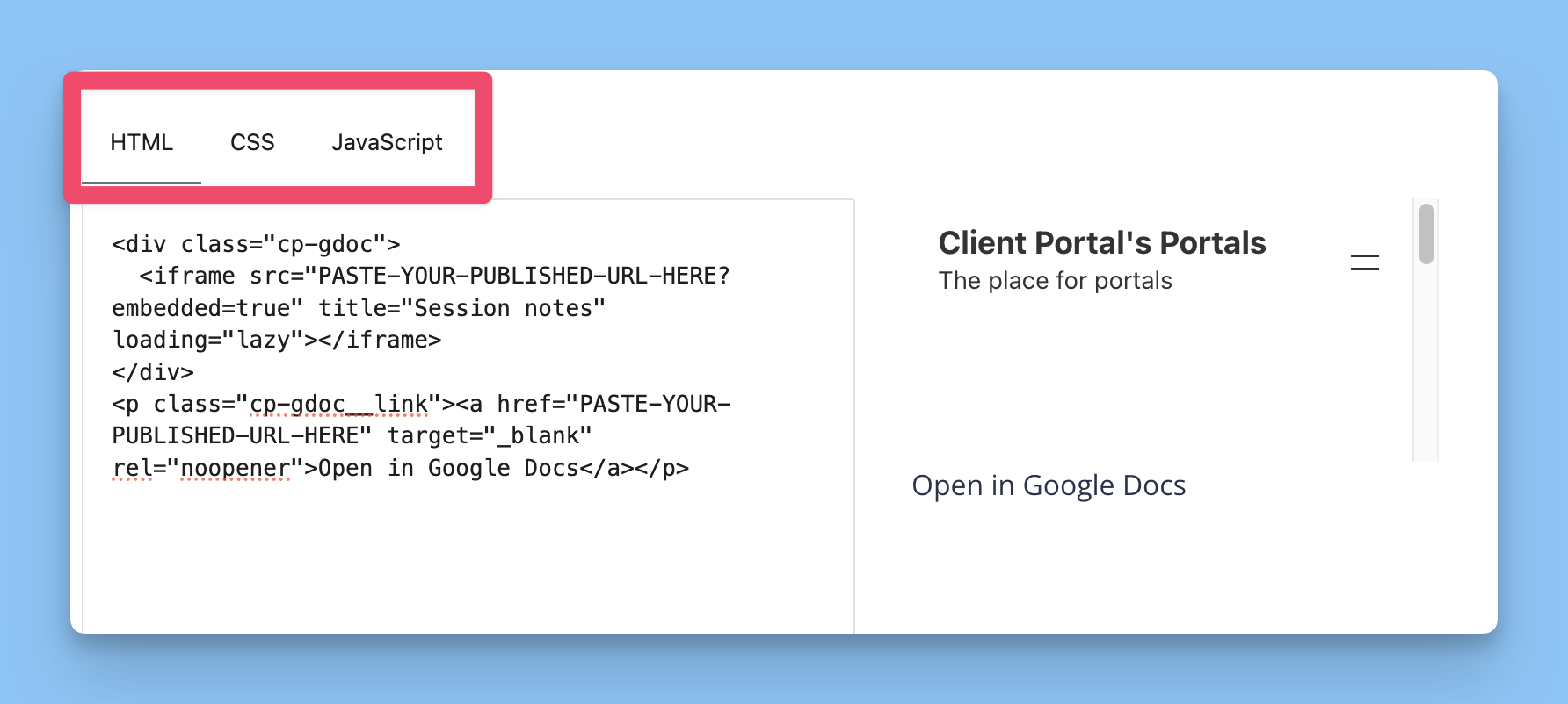 The Custom HTML editing modal with HTML, CSS and JavaScript tabs and the pasted iframe code