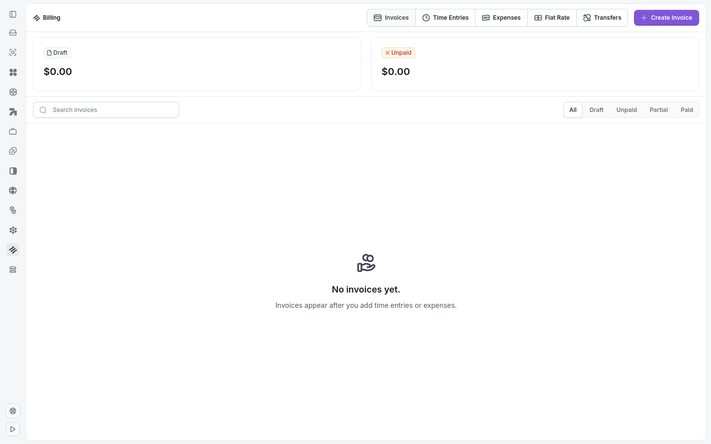 Billing overview with the Invoices, Time Entries, Expenses, Flat Rate, and Transfers tabs